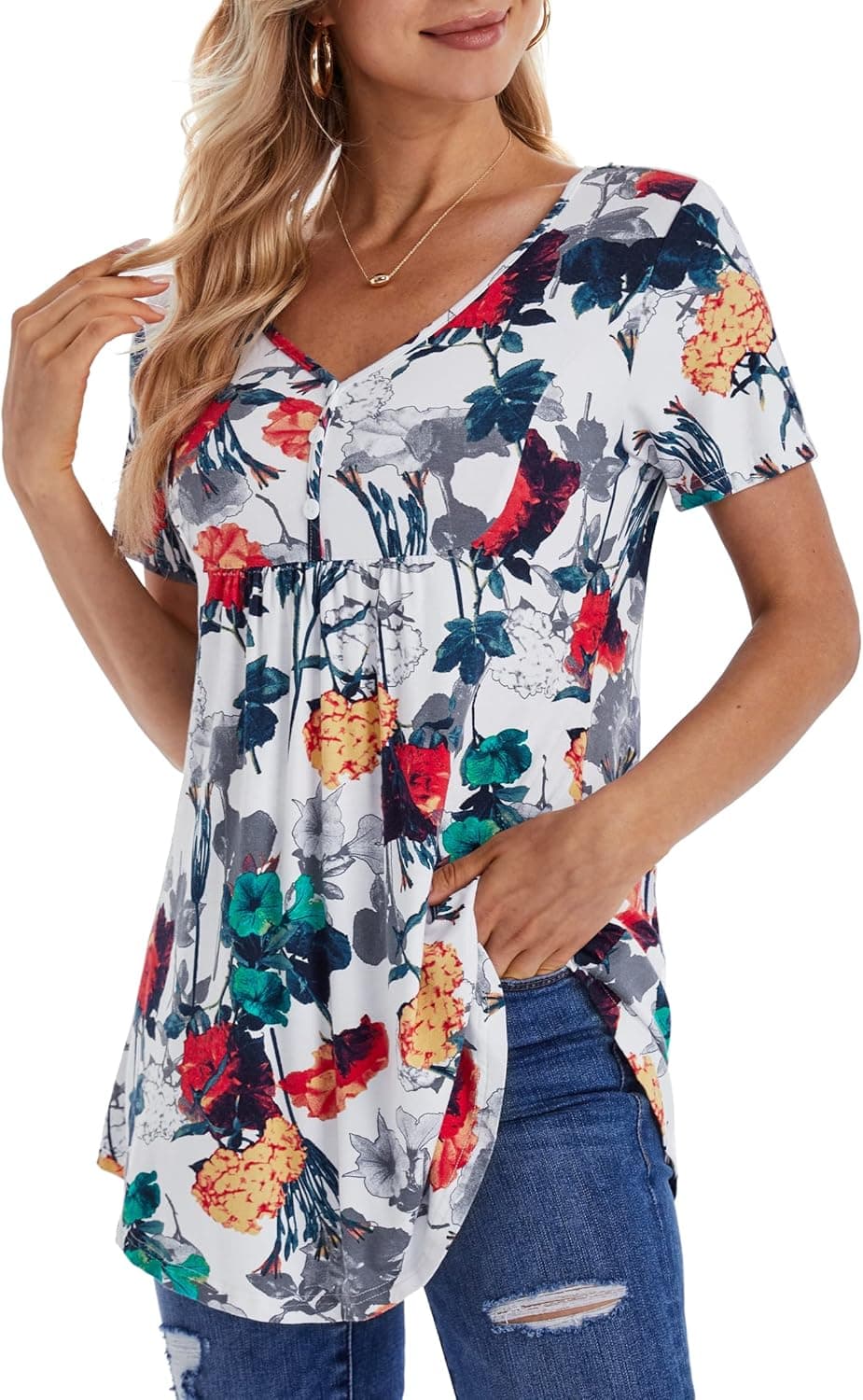 BAISHENGGT Womens Tops Hide Belly Tunic 2023 Summer Short Sleeve Top Casual Dressy Blouses for Leggings Flowy Henley Tshirt