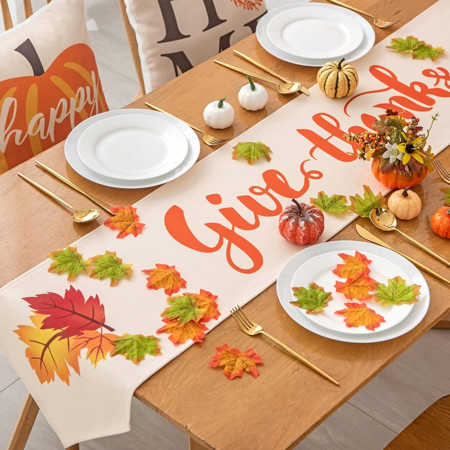 Thanksgiving Table Runner 13×72 in Thanksgiving Holiday Table Decoration for Fall Table Runners + Maple Leaves 30pcs