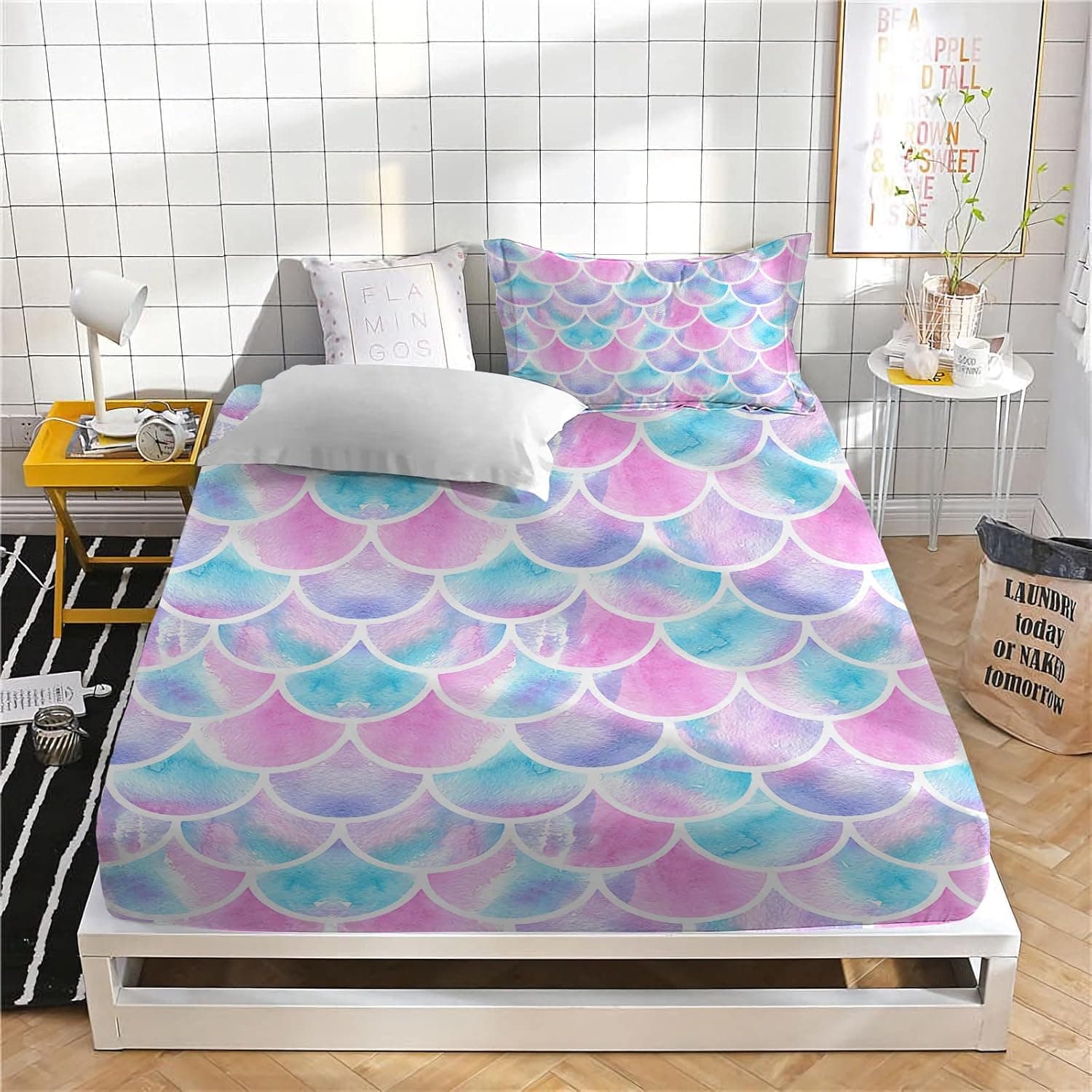 MUSOLEI Girls Fitted Sheet Set Twin Mermaid Bedding Set Kids Boys 2PCS 1 Deep Pocket Pink Fitted Sheet with 1 Pillowcases Wrinkle Free Cozy Microfiber