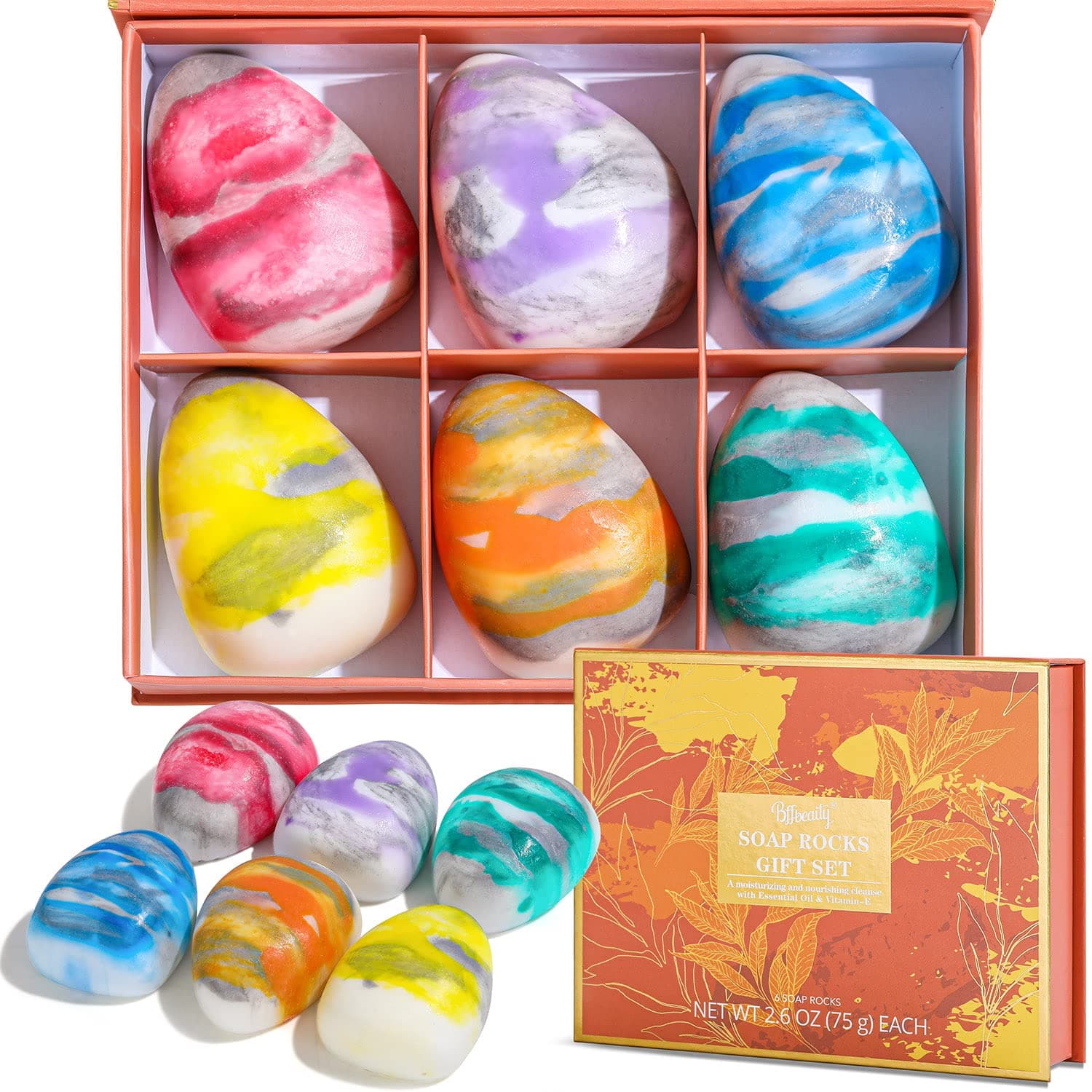 BFF BEAUTY Soap Bar Set- 6 Pcs Hand Face Body Soap Bar, Soap Rocks Set, Moisturizing&Exfoliating Scrub Soap Set Body&Hand Scented Soap Bars in Bulk Beauty Gift Set Birthday Gift for Men&Women