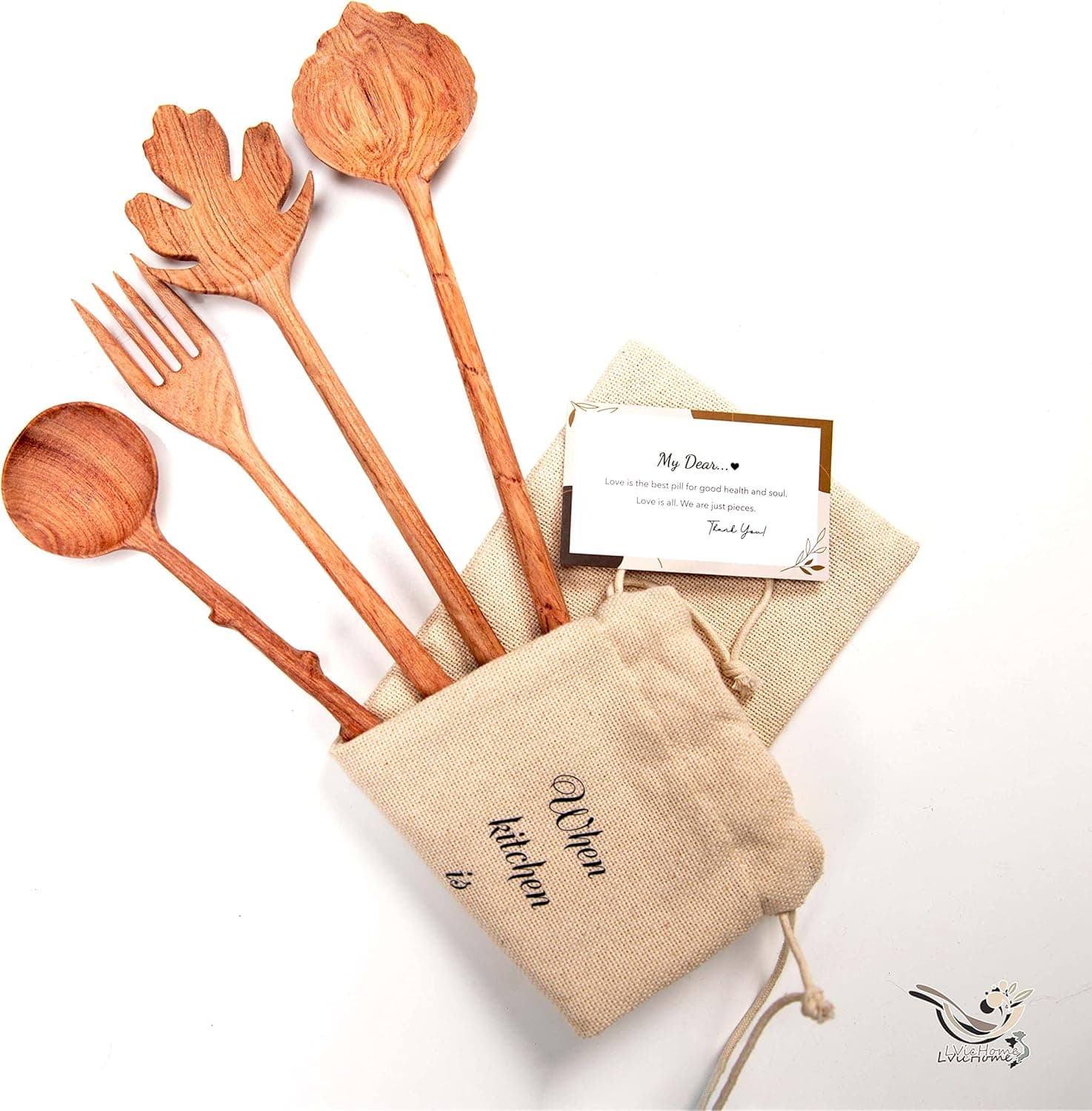 BVicHair Set Wooden Salad Spoons, Salad Utensils For Serving, 4 Wooden Spoons and Forks Set, Salad Serving, Wood Salad Tongs, Handmade Gifts for Mother's Day, Hostess Gifts, Handmade Gifts For Women