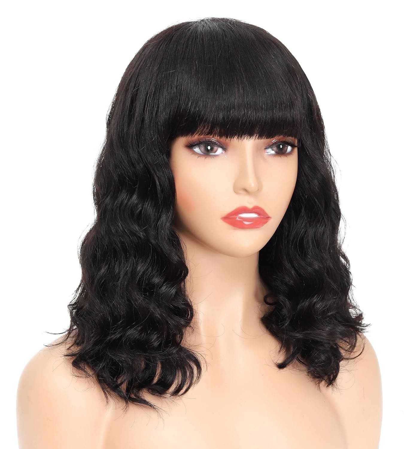SQPLXK Bob Curly Wigs Human Hair Short Bob Curly Wave Human Hair Wig with Bangs Brazilian Virgin Human Hair None Lace Front Wigs With Bangs 150% Density Machine Made Wigs For Black Women（14 Inch）