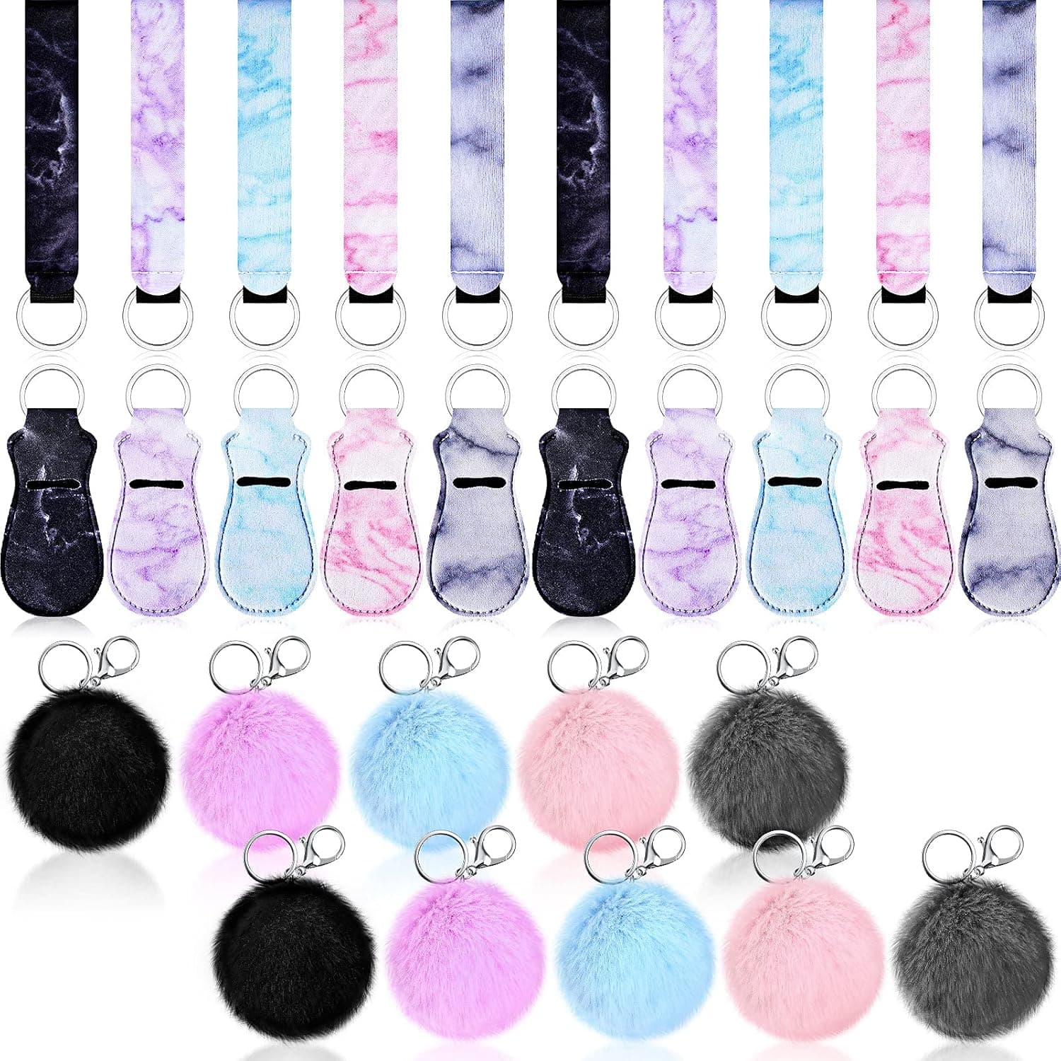 30 Pieces Marble Lipstick Holder Keychain Lip Balm Holder Set Lipstick Holder Includes Keychain Wristlet Lanyard, Marble Style Lipstick Holder and Ball Pom Pom Accessory (Long Gourd)