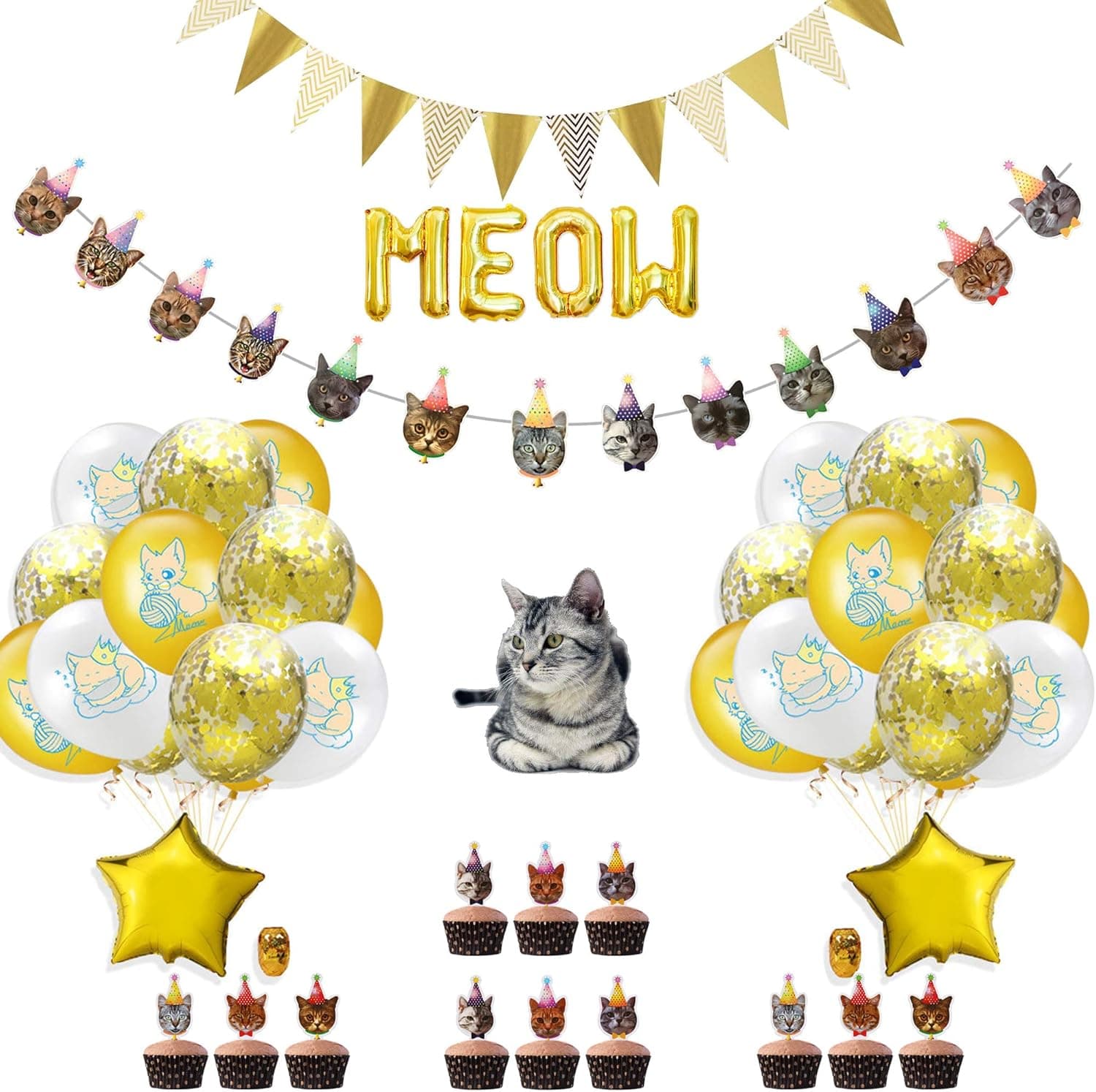 Cat Themed Birthday Party Decorations, Cat Face Banner, Triangle Flag Banner, Cat Cupcake Toppers,Cat Balloons and Meow Balloons,Cat Party Supplies for Kids