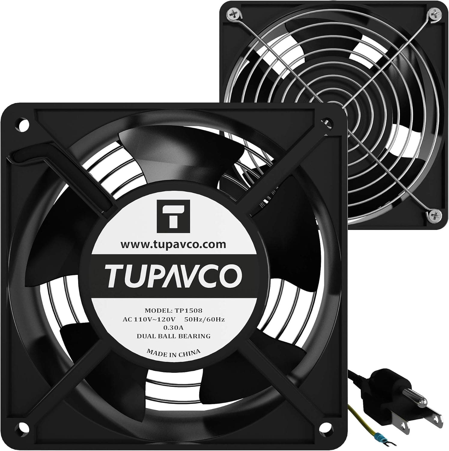 Network Cabinet Fan (Dual 2pc Kit) Server Rack Cooling (Pair of Rackmount Muffin Fans 120mm 4in) Steel Frame -110V Cable (Dual Ball for Side/Top Mount) Computer Ventilation Equipment -Tupavco TP1508
