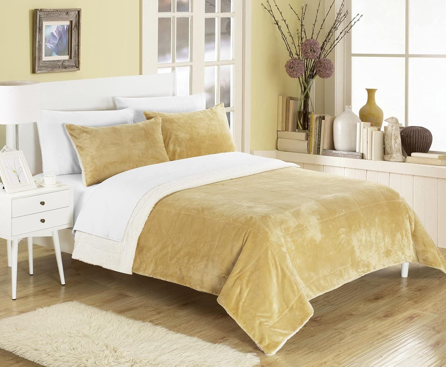 Chic Home Evie 3 Piece Blanket Set Soft Sherpa Lined Microplush Faux Mink with Shams, Queen Camel