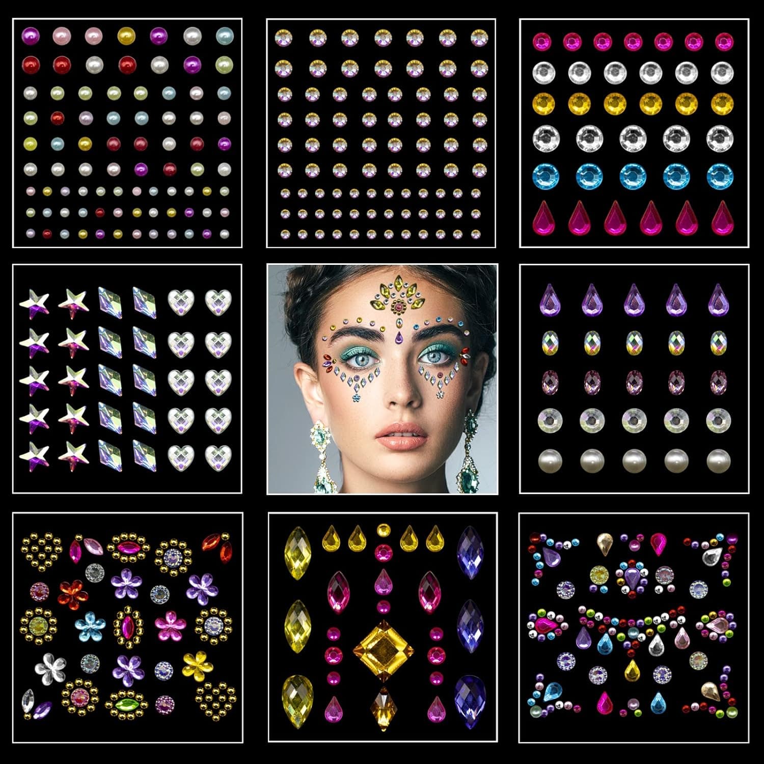 8 Sheets Self-Adhesive Rhinestone, DIY Face Jewels Stick on Eye Body Face Gems Rhinestone Stickers, Rhinestones for Makeup, Crafts and Nail Art Decorations, Festival, Carnival