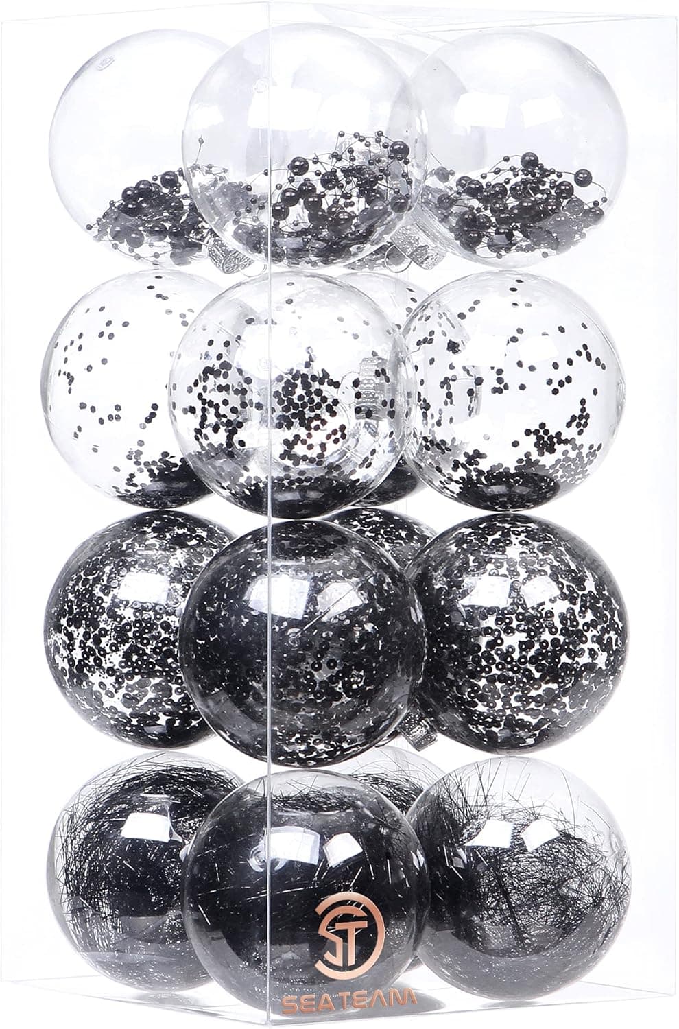 Sea Team Shatterproof Clear Plastic Christmas Ball Ornaments Decorative Xmas Balls Baubles Set with Stuffed Delicate Decorations (100mm/3.94 inch 16-Pack, Black)