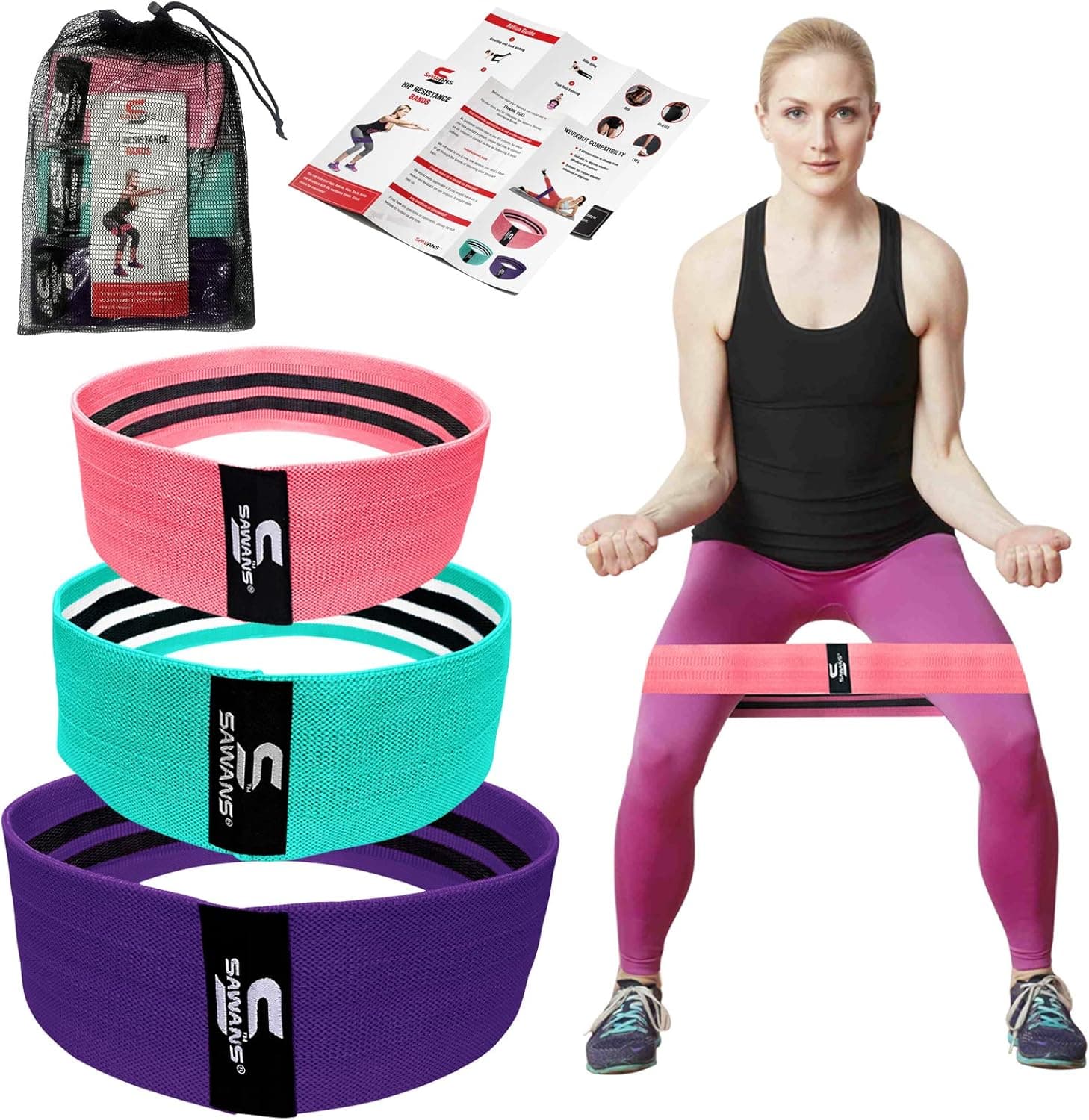 Fabric Resistance Bands, Booty Bands, Non-Slip Exercise Bands for Hips and Resistance Levels for Butt, Legs and Whole Body Work Out, Strong Fitness Bands for Pilates, Set of 3 (Blue-Pink-Purple)