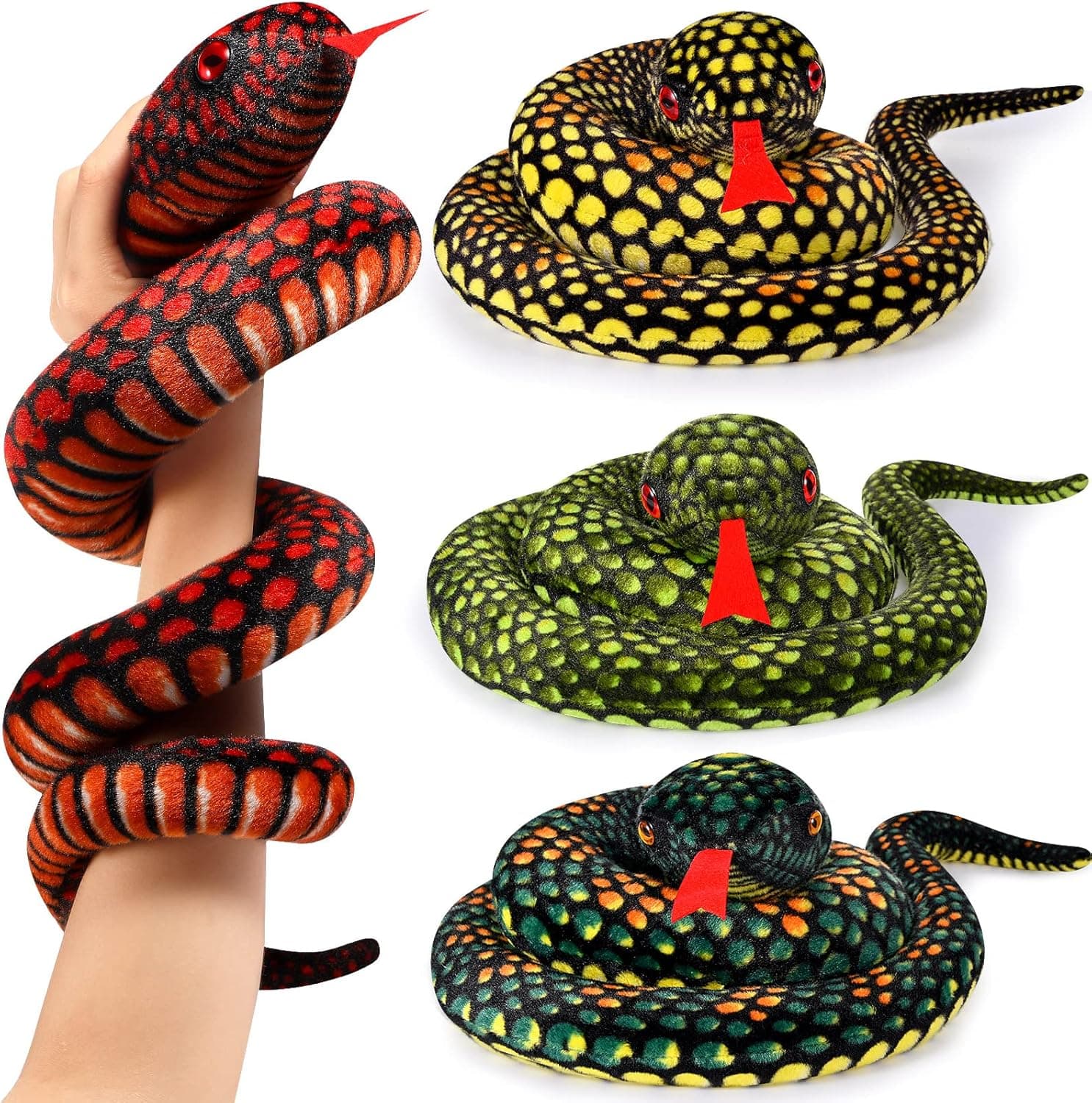 4 Pcs 43 Inch Cobra Snake Stuffed Animal Plush Large Snake Plush Red Eyes Stuffed Snake Giant Stuffed Animal Snake Realistic Stuffed Animals for Birthday Party Gifts Prank Prop, Yellow Blue Green Red