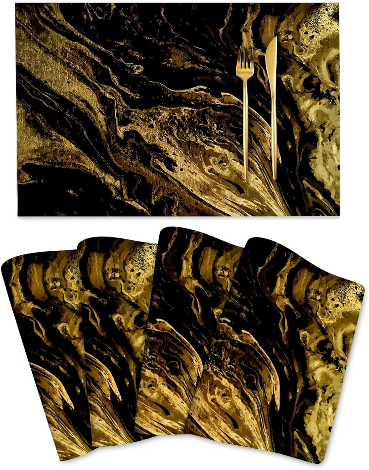 Black and Gold Marble Placemats Set of 4, Modern Abstract Marble Place Mats Home Decor for Kitchen Dining Table Indoor Outdoor Non-Slip Washable Table Mats 12"X18"