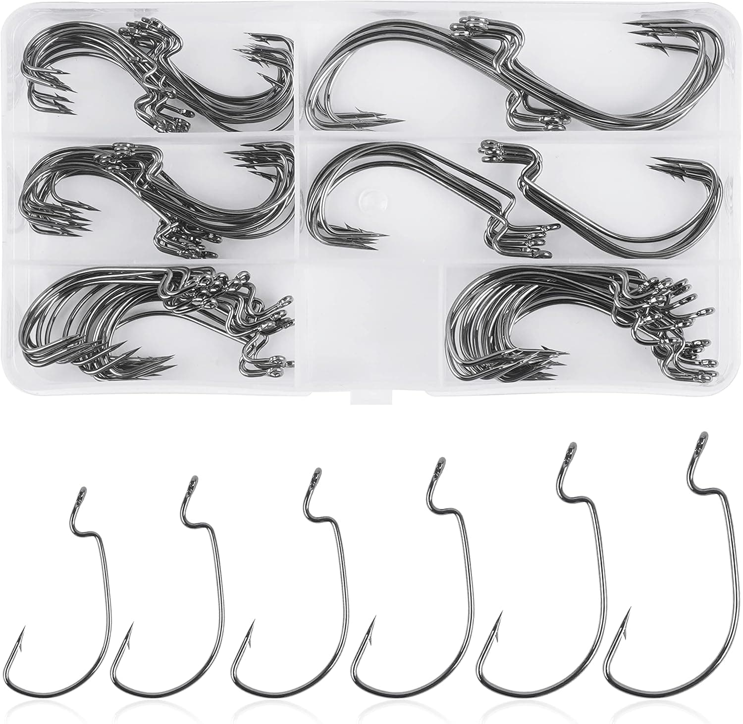 Offset Worm Hooks for Bass Fishing, 50pcs/100pcs Bass Hooks 3X Strong Wide Gap Worm Fishing Hooks High Carbon Steel Soft Plastic Bait Jig Fish Hooks for Bass Trout Freshwater Saltwater