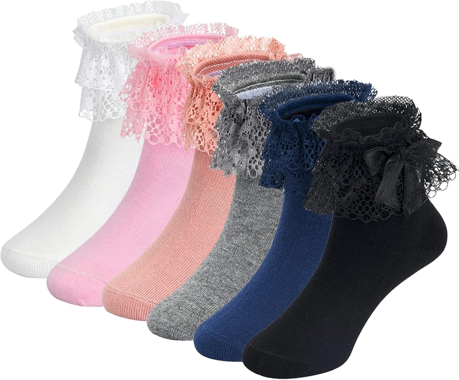 KOSIWEGO Toddler Girls Ruffle Socks Little Baby Cute Bowknot Lace Dress Socks 6 Pairs