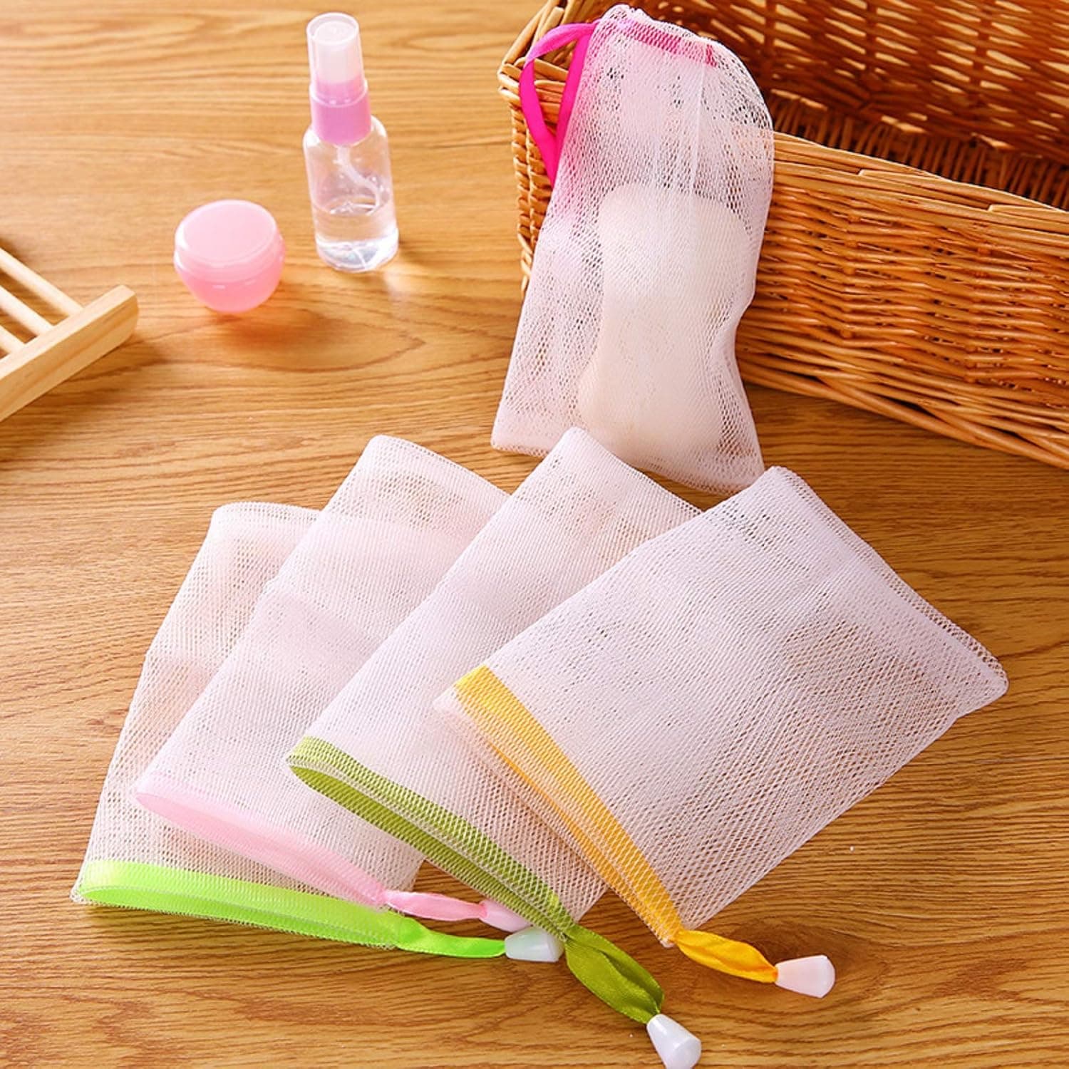 50 PCS Exfoliating Mesh Soap Bag Soap Saver Bags Soap Net Soap Bag Soap Saver Pouch Drawstring Holder Bags (Random color)