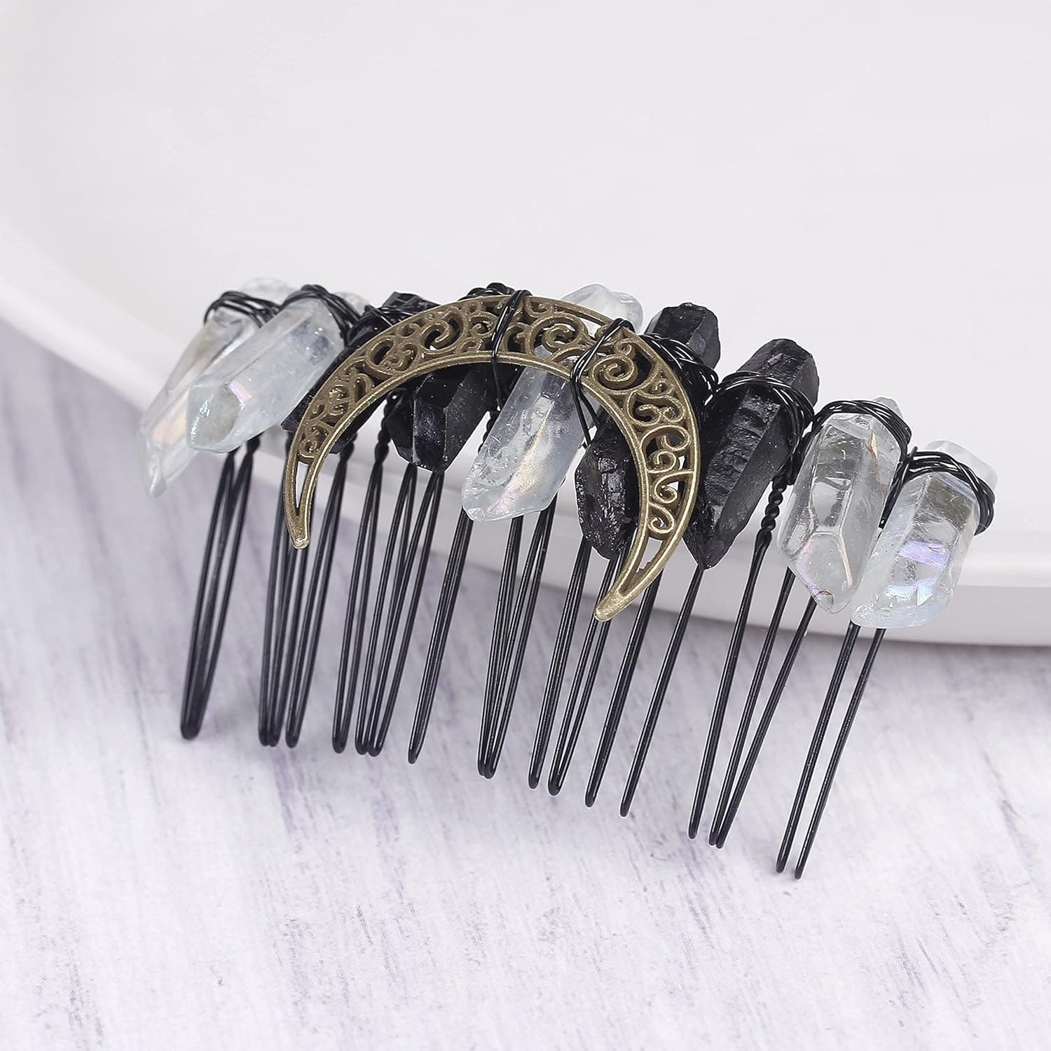 AMOYSTONE Handmade Natural White Quartz Hair Comb Bridal Wedding Headwear Crystal Stone Hairpin Hair Clip Clamp Side Hair Combs for Women Hair Accessory (Black and Blue)