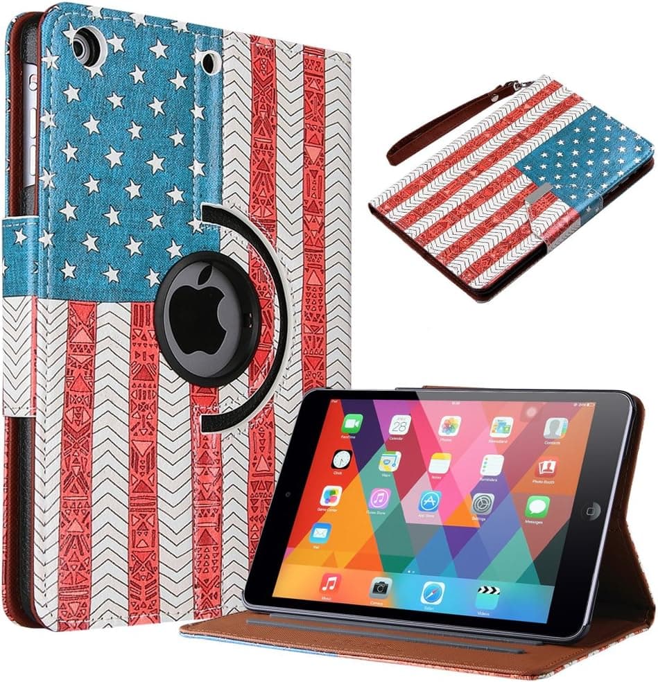 ULAK 360 Rotating Synthetic Leather Stand Case for Apple iPad Mini 1/2/3 with Auto Sleep/Wake Function (USA Flag)