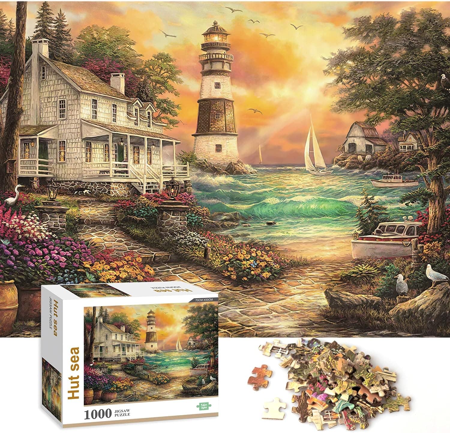1000 Pieces Jigsaw Puzzles for Adults Kids,Jigsaw Puzzles Seaside Sunset, Large Size 27.55" x 19.68", Thicken Cardboard Medium Difficulty Jigsaw Puzzles