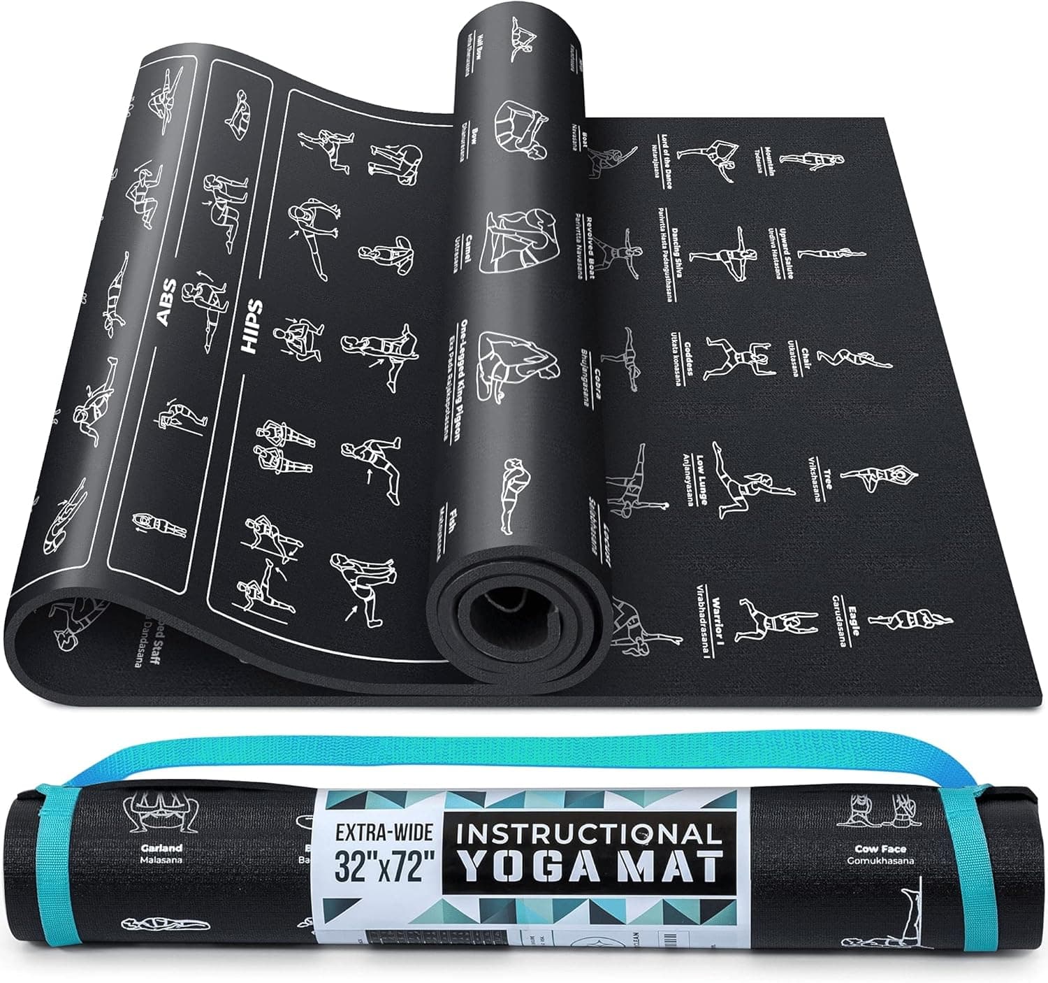 Instructional Yoga Mat with Poses Printed On It & Carrying Strap - 75 Illustrated Yoga Poses & 75 Stretches - Cute Yoga Mat For Women and Men - Non-Slip, 1/4" Extra-Thick Yoga Mat For Beginners