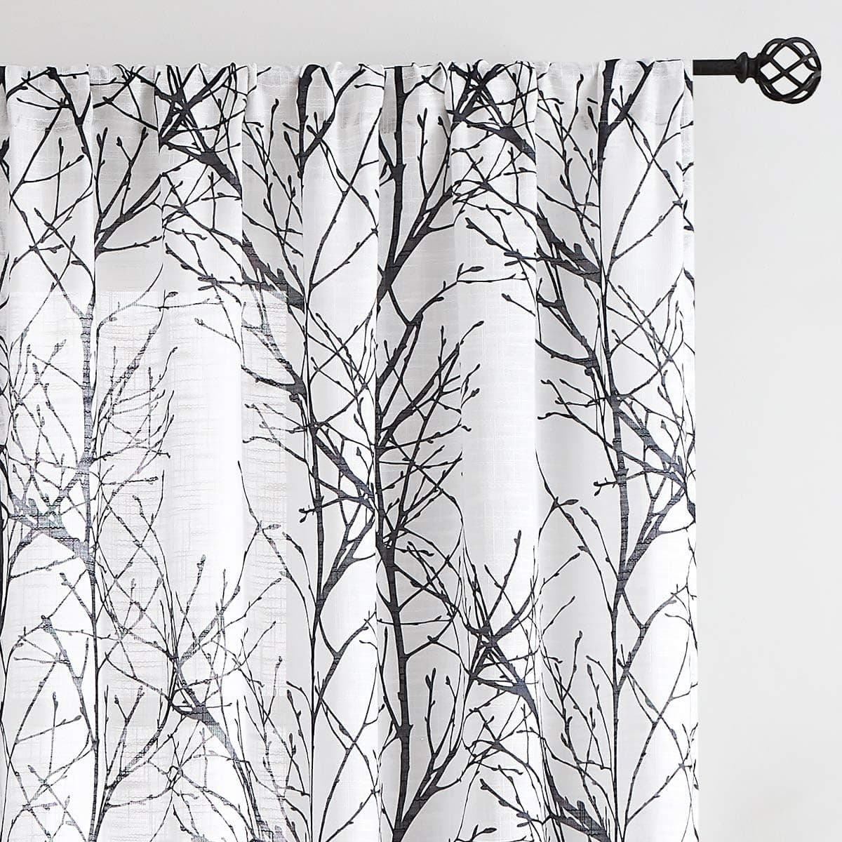 FMFUNCTEX Black White Semi-Sheer Curtains for Living-Room 84 inches Length Tree Print Semi-Sheer Window Drapes for Bedroom Branch Curtain Panels 2pcs Rod Pocket