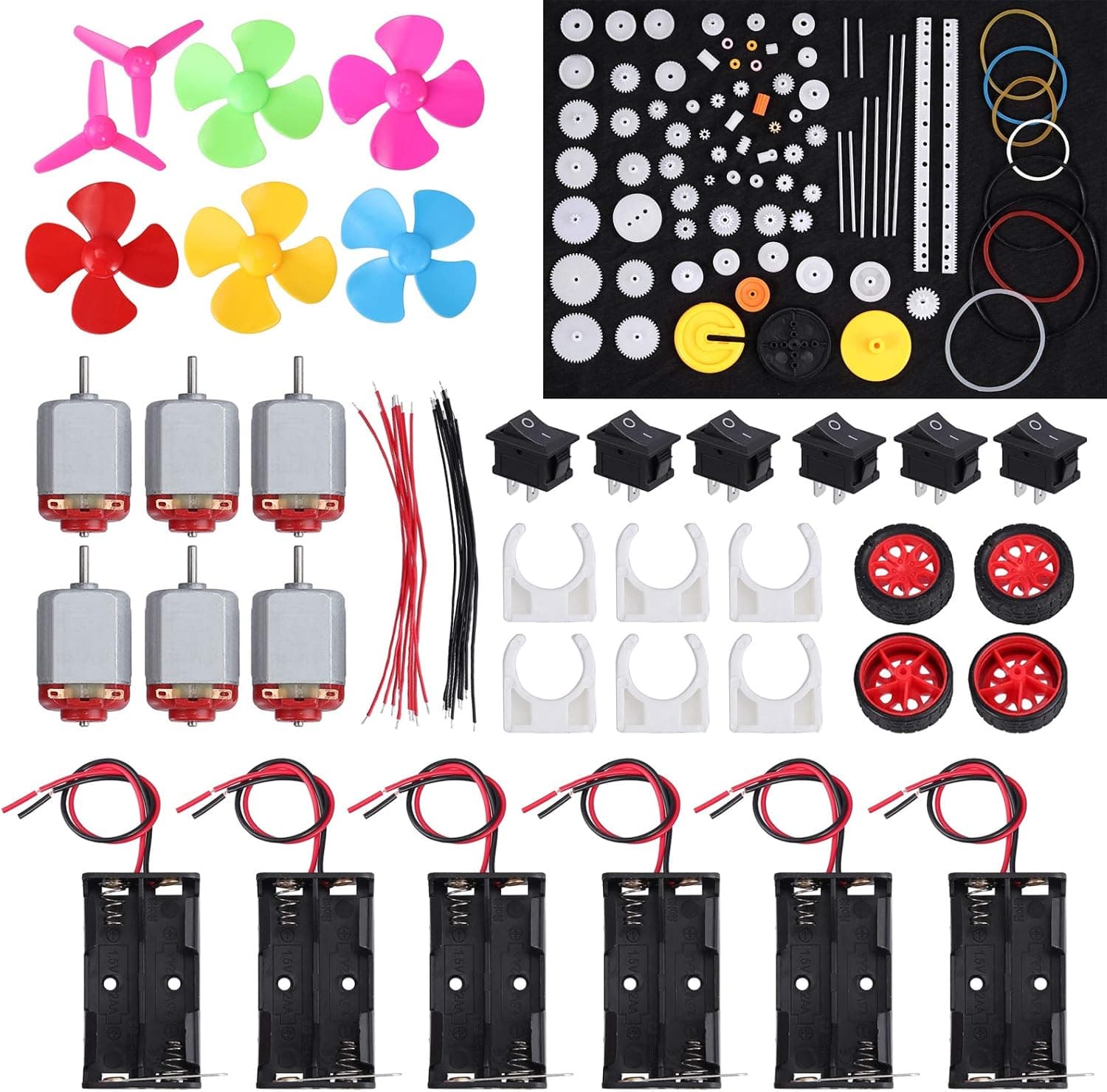 Fedlink 6 Set DC Motor Kit, Rectangular Mini Electric 1.5V-3V 24000RPM Motor with 6 x AA Battery Holder 86PCS Plastic Gears,Mounting Bracket,Boat Rocker Switch,Shaft Propeller for DIV Science Projects