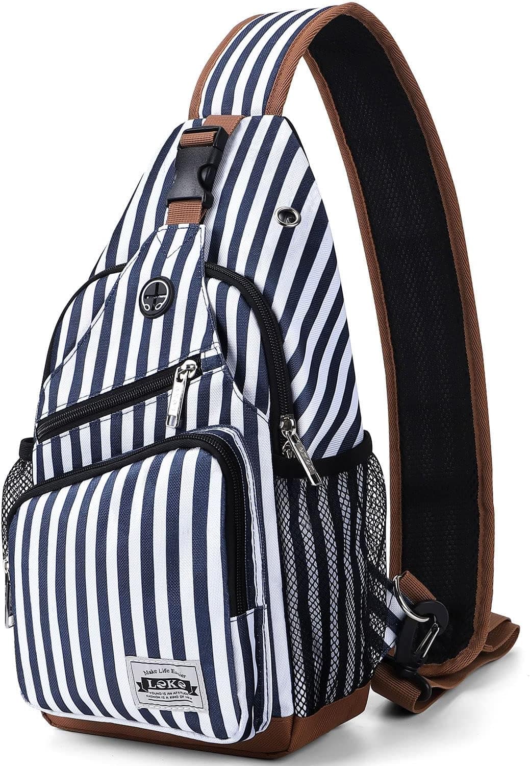 Lekebobor Sling Bag Crossbody Sling Backpack Travel Hiking Chest Bag Daypack,Blue Striped Large