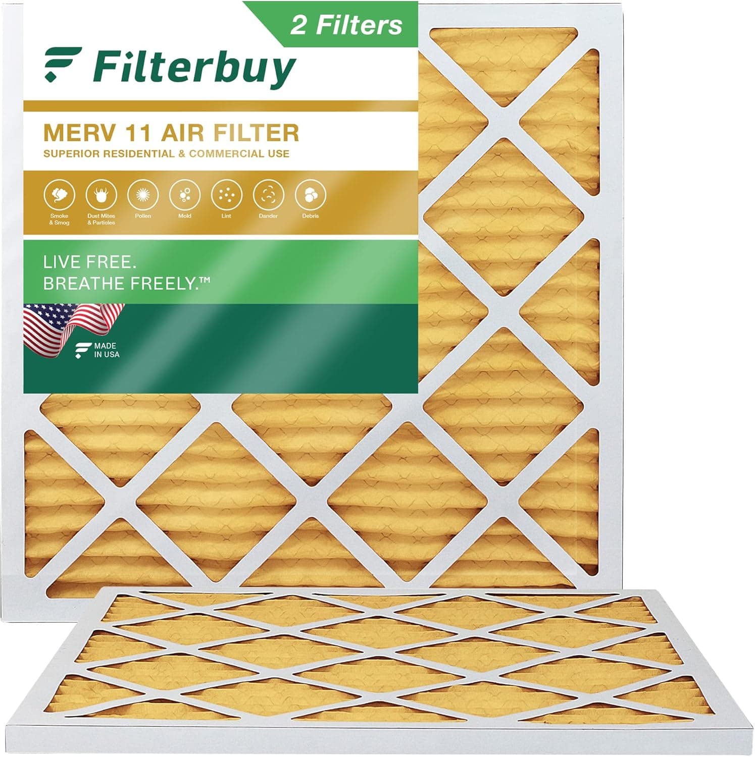 Filterbuy 15x15x1 Air Filter MERV 11 Allergen Defense (2-Pack), Pleated HVAC AC Furnace Air Filters Replacement (Actual Size: 15.00 x 15.00 x 1.00 Inches)