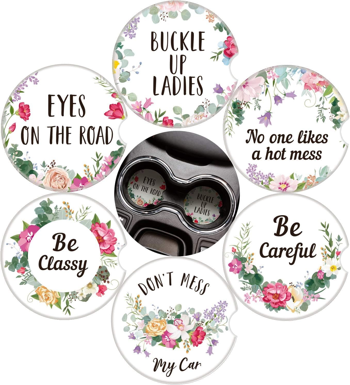 6 Pieces Car Coaster Cup Holder Floral Style Car Coasters Absorbent Ceramic Cup Holders Funny Cup Coasters for Keeping Car Cup Holders Dry and Clean, 2.56 Inch