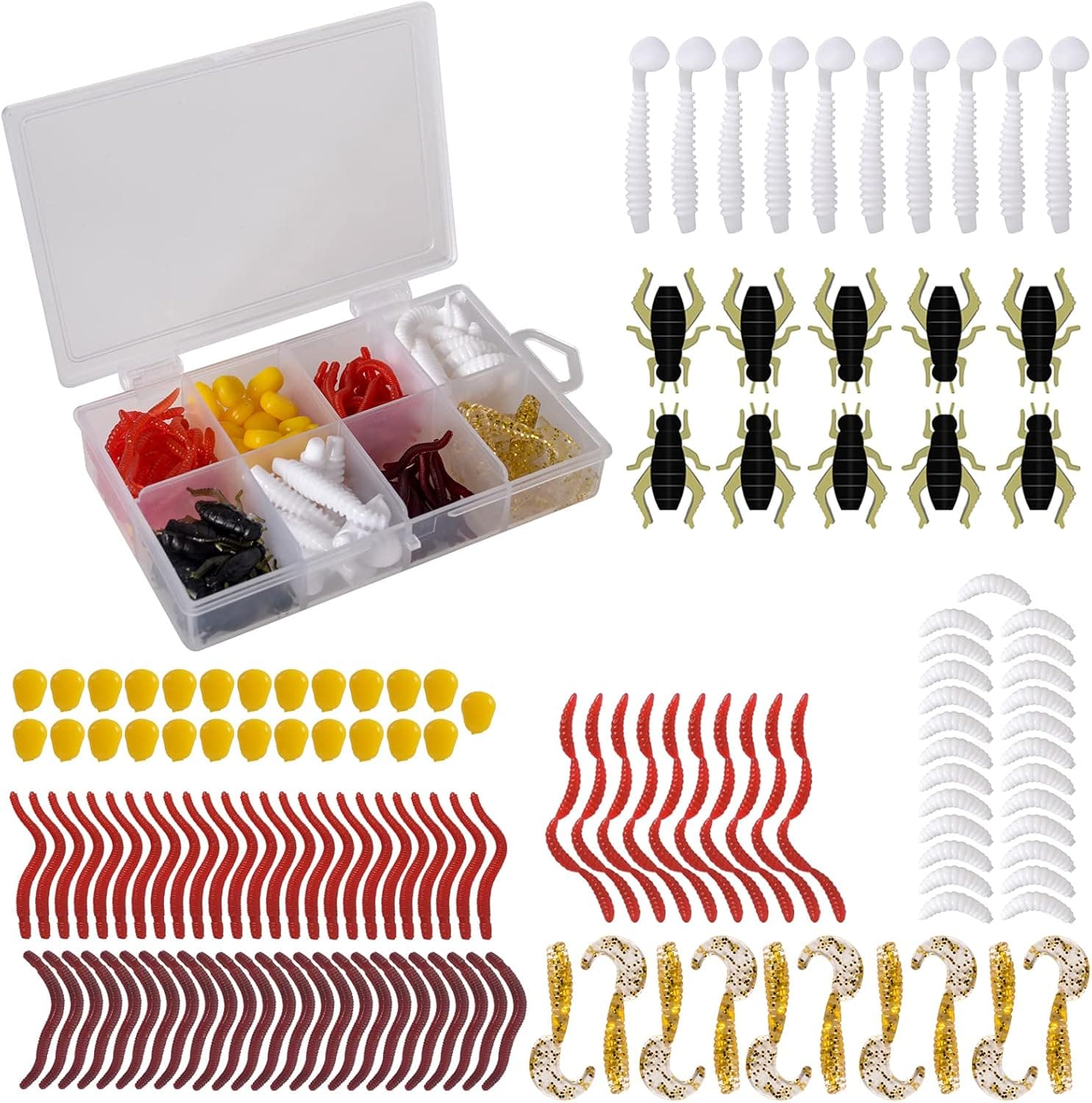 Audoyon 141Pcs Fishing Lure Kit Set for Bass, Trout, Salmon Including Paddle Tail Swimbaits Curved Tail Grubs Jerkbait Senko Plastic Worms Corn Spinnerbaits Topwater Lure with Tackle Box