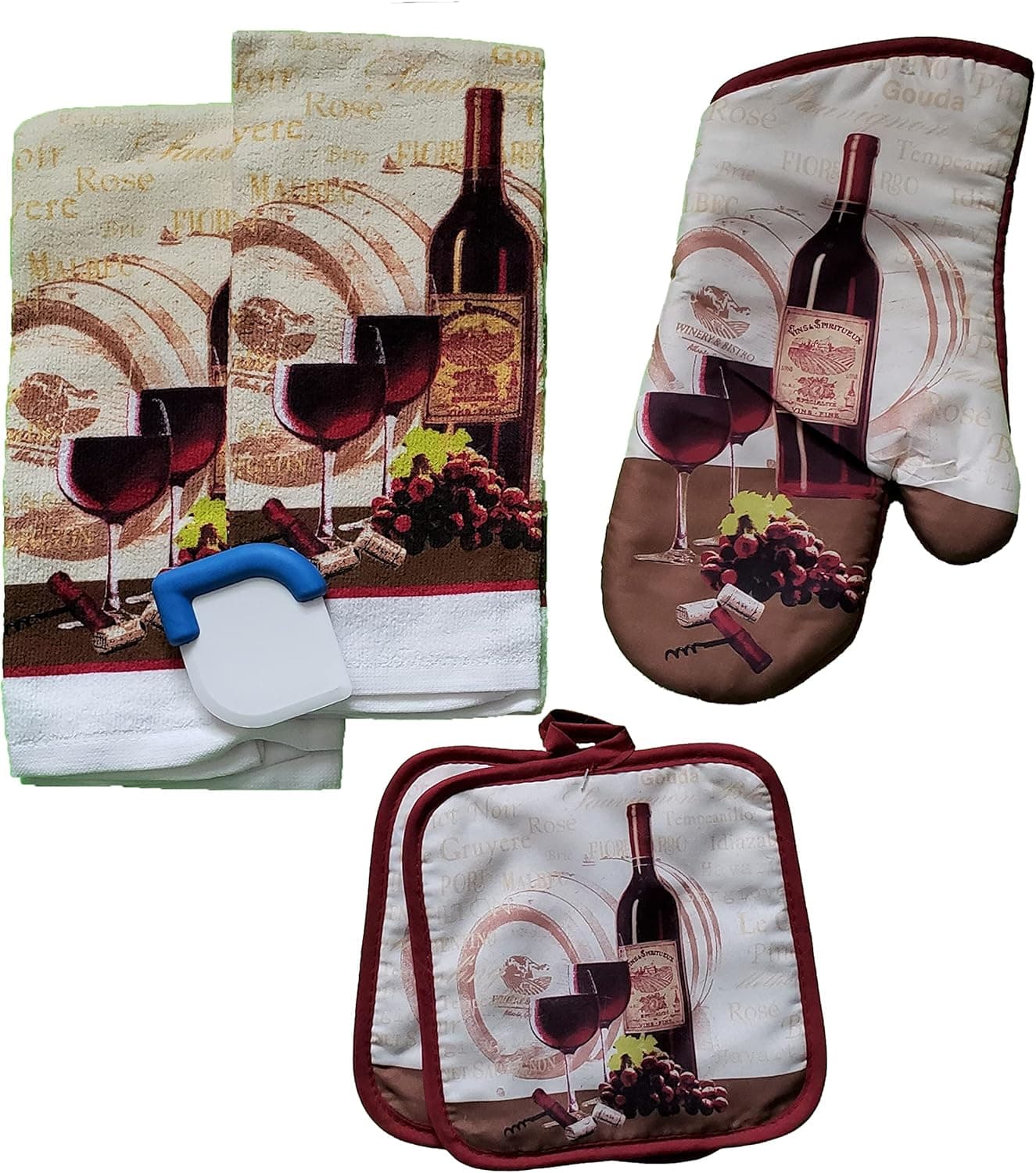 Farmhouse Style Wine Theme Kitchen Towel Set with 2 Quilted Pot Holders, 2 Dish Towels and 1 Oven Mitt Bonus Nylon Pan Scrapper