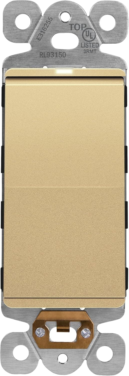 ENERLITES Rêve Collection Lighted Decorator Switch with Locator Light, Matte Finish, 3-Way or Single Pole, 3 Wire, Grounding Screw, Residential Grade, 15A 120V, UL listed, RL93150-GD, Gold