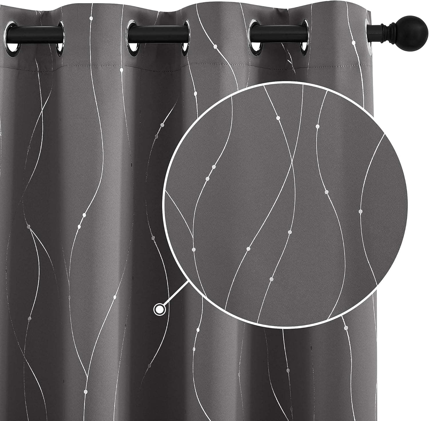 StangH Grommet Blackout Curtains with Printed Wave Lines and Dots Thermal Insulated Light Blocking Window Curtains for Living Room Bathroom Bedroom, W52 x L72 inch, Grey, 2 Panels