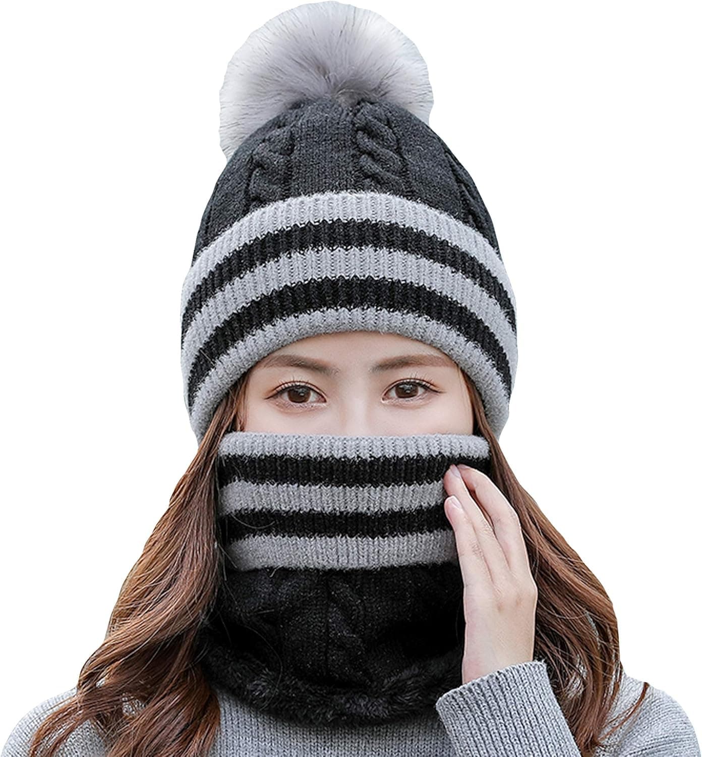 NOVMAY 2 Pcs Beanie Hat Scarf Set for Women Winter Warm Fleece Lined Knitted Hat Earflap Ski Hat with Pompom