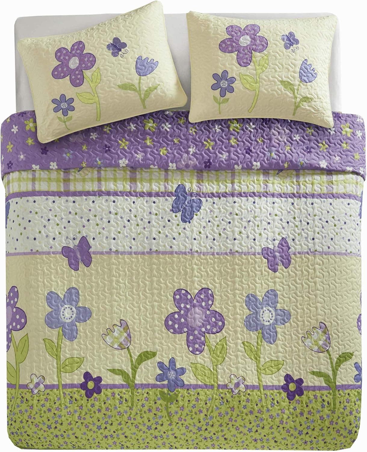 Comfort Spaces - Happy Flower Mini Quilt Set - 3 Piece - Lilac - Adorable Soft Microfiber Printed in Vibrant Multi-Color Plaid with Floral and Butterflies Design - Full/Queen Size