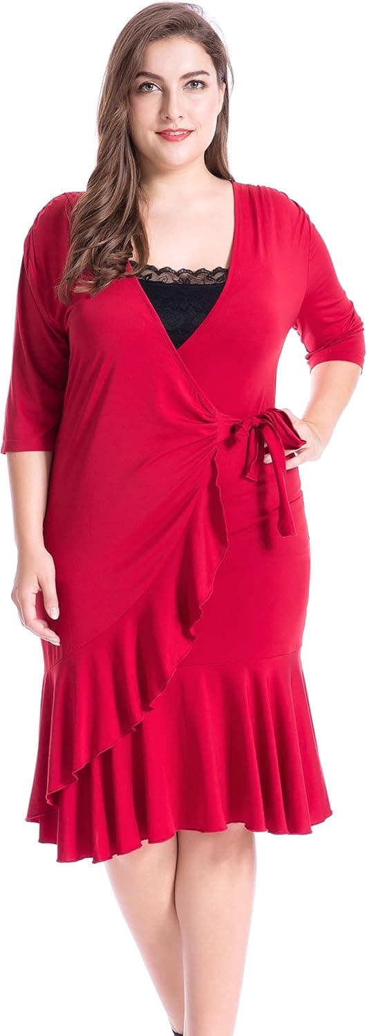 Chicwe Women's Plus Size Whimsy Wrap Solid Dress - Knee Length Casual Party Cocktail Dress Red 3X