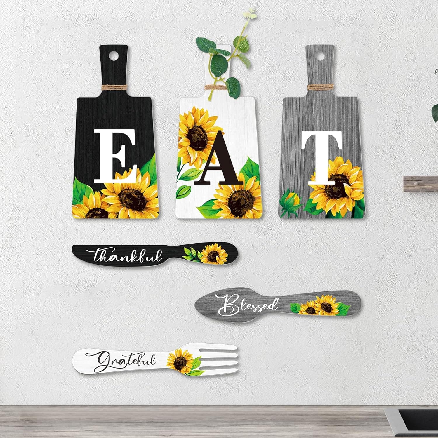 Bucherry 6 Pieces Sunflower Kitchen Decor Eat Signs Fork and Spoon Wooden Kitchen Wall Decor Hanging Plaques Spring Summer Rustic Farmhouse Kitchen Wall Art Decor for Dining Room (Black, White, Gray)