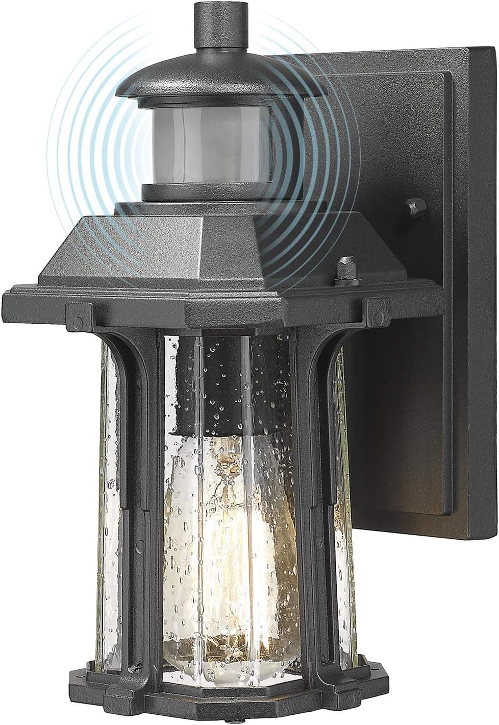 FEMILA Dusk to Dawn Wall Sconce, Outdoor Motion Sensor Wall Lantern, Exterior Waterproof Matte Black Wall Mount Lamp with Seeded Glass Shade for Porch, Entryway, Doorway, 4FW24B-SE BK