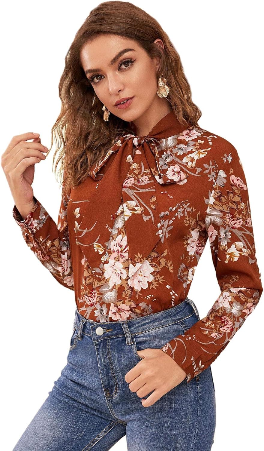 Floerns Women's Floral Print Bow Tied Neck Lantern Long Sleeve Blouse Tops