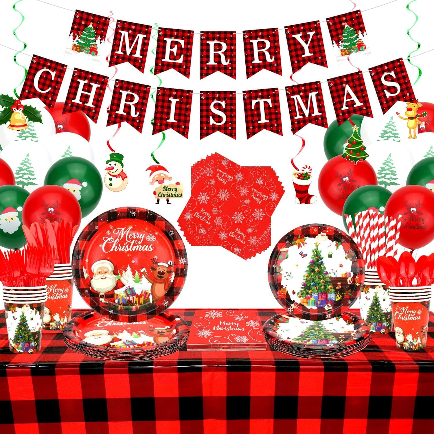 Christmas Party Supplies Tableware Set , Includes Buffalo Paper Plates, Banner, Napkins, Cups ,Tablecloth, Hanging Swirls,Balloons,for Xmas Themed Holiday Party Decorations Serve 20