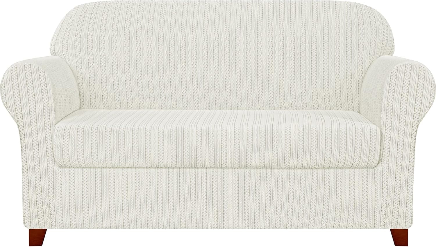subrtex 2-Piece Slipcovers Stretch Knit Couch Sofa Stripes Pattern with Cushion Covers for Loveseat Washable Furniture Protector (Large,White)