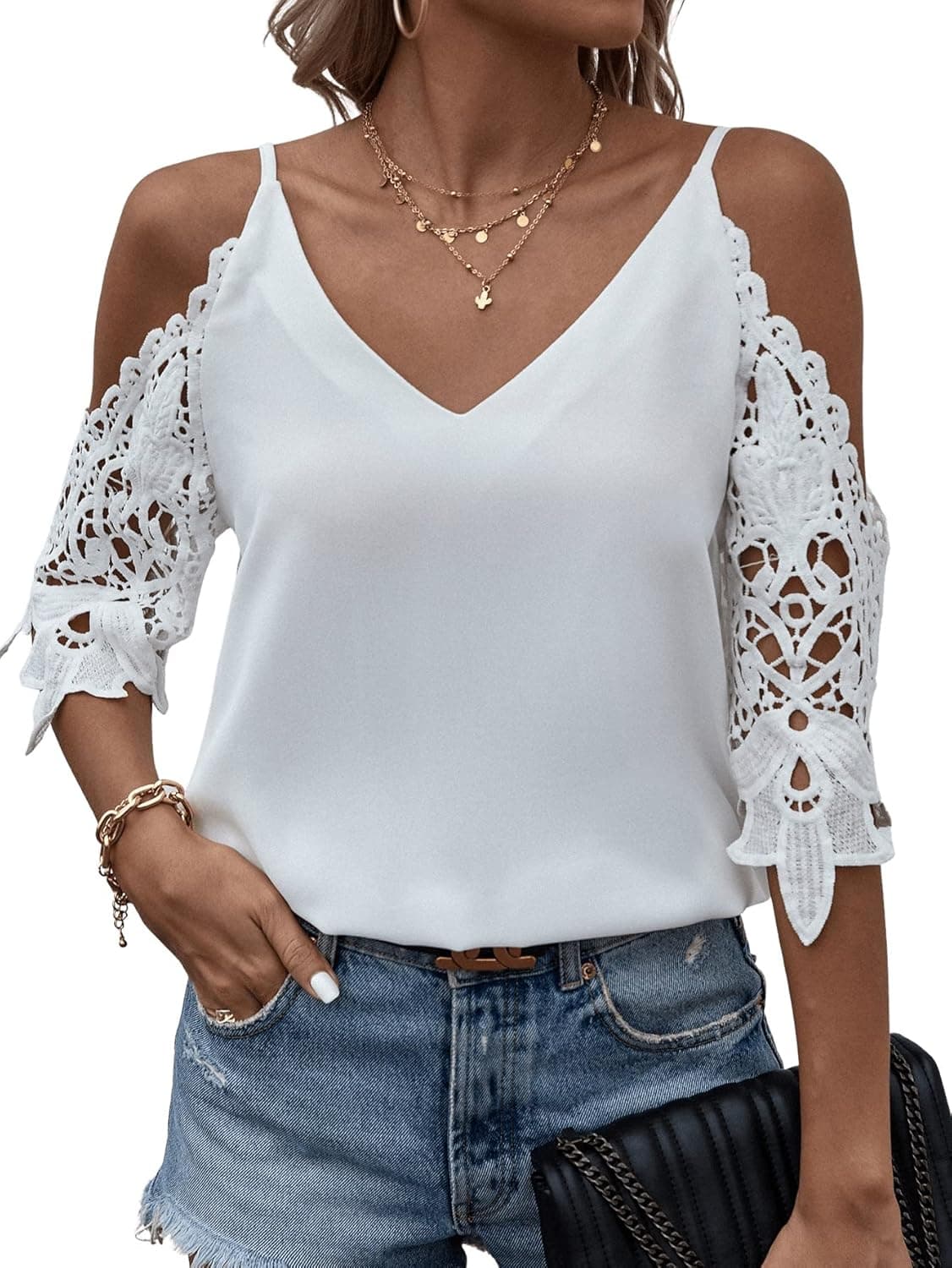 SweatyRocks Women's Casual Cold Shoulder Lace Half Sleeve Blouse Top Solid Spaghetti Strap V Neck Summer Shirt Tops