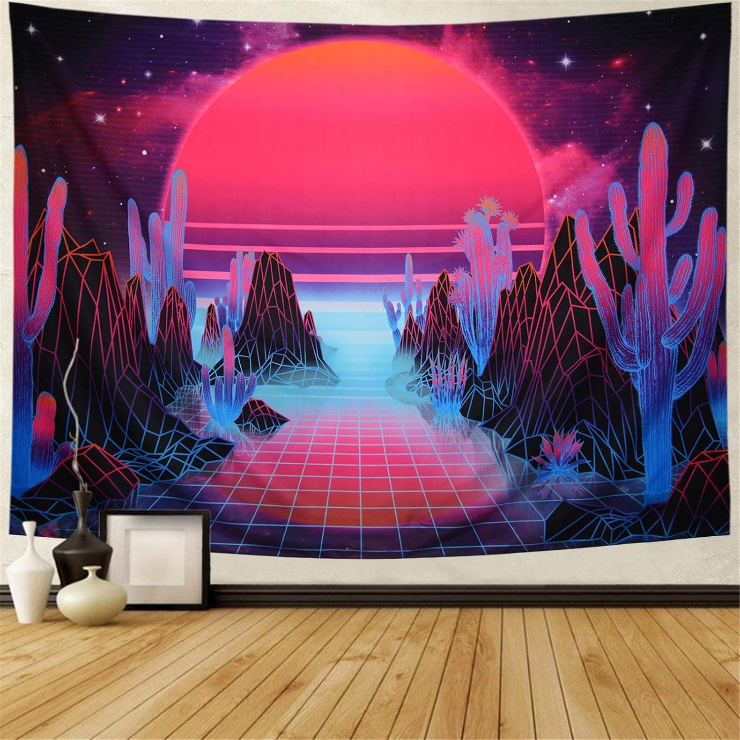 Maccyafst Sun Tapestry Psychedelic Mountain Wave Tapestry Trippy Cactus Tapestry Galaxy Stars Wall Tapestry Abstract Retro Futuristic Neon Nature Tapestry for Home