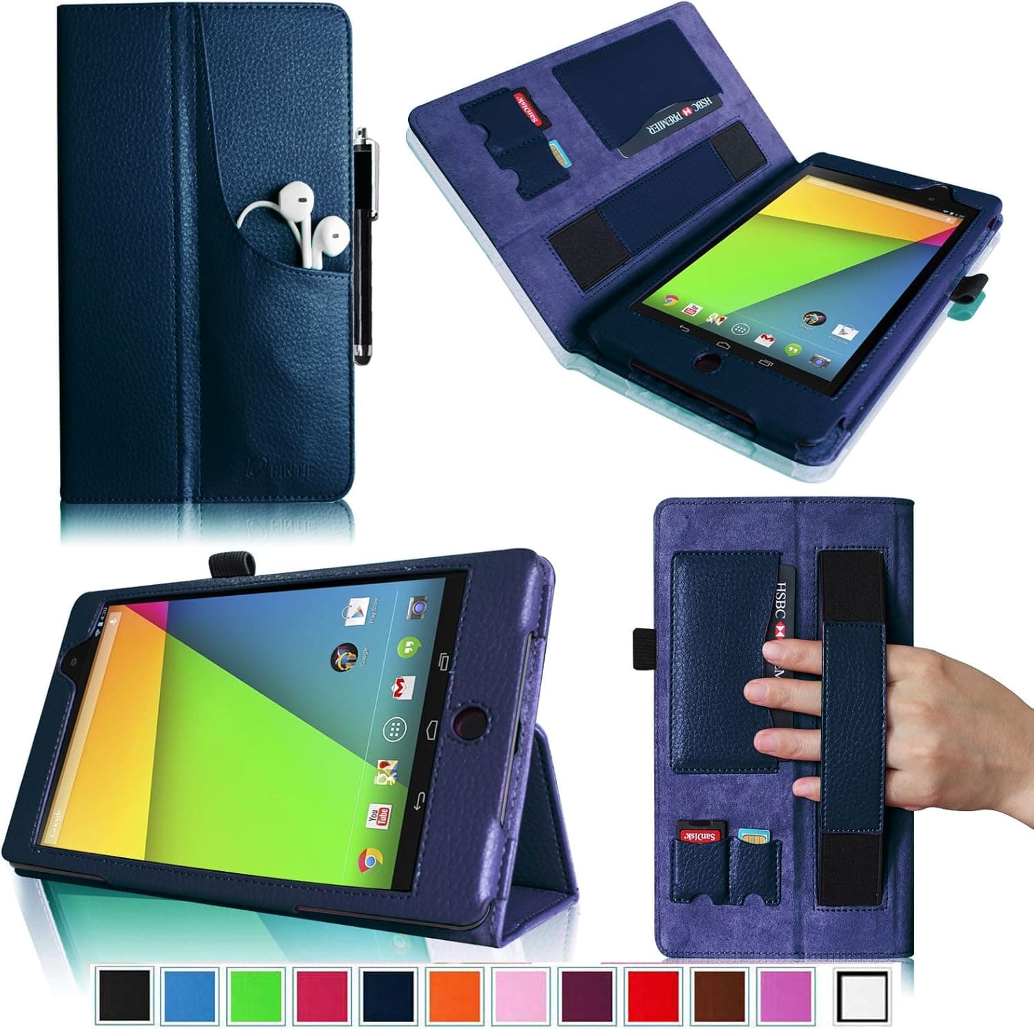 Fintie Folio Plus Case for Google New Nexus 7 FHD 2nd Generation Tablet with Elastic Hand Strap/Front Pocket/ Multiple Card Slots/ Stylus Holder - Navy