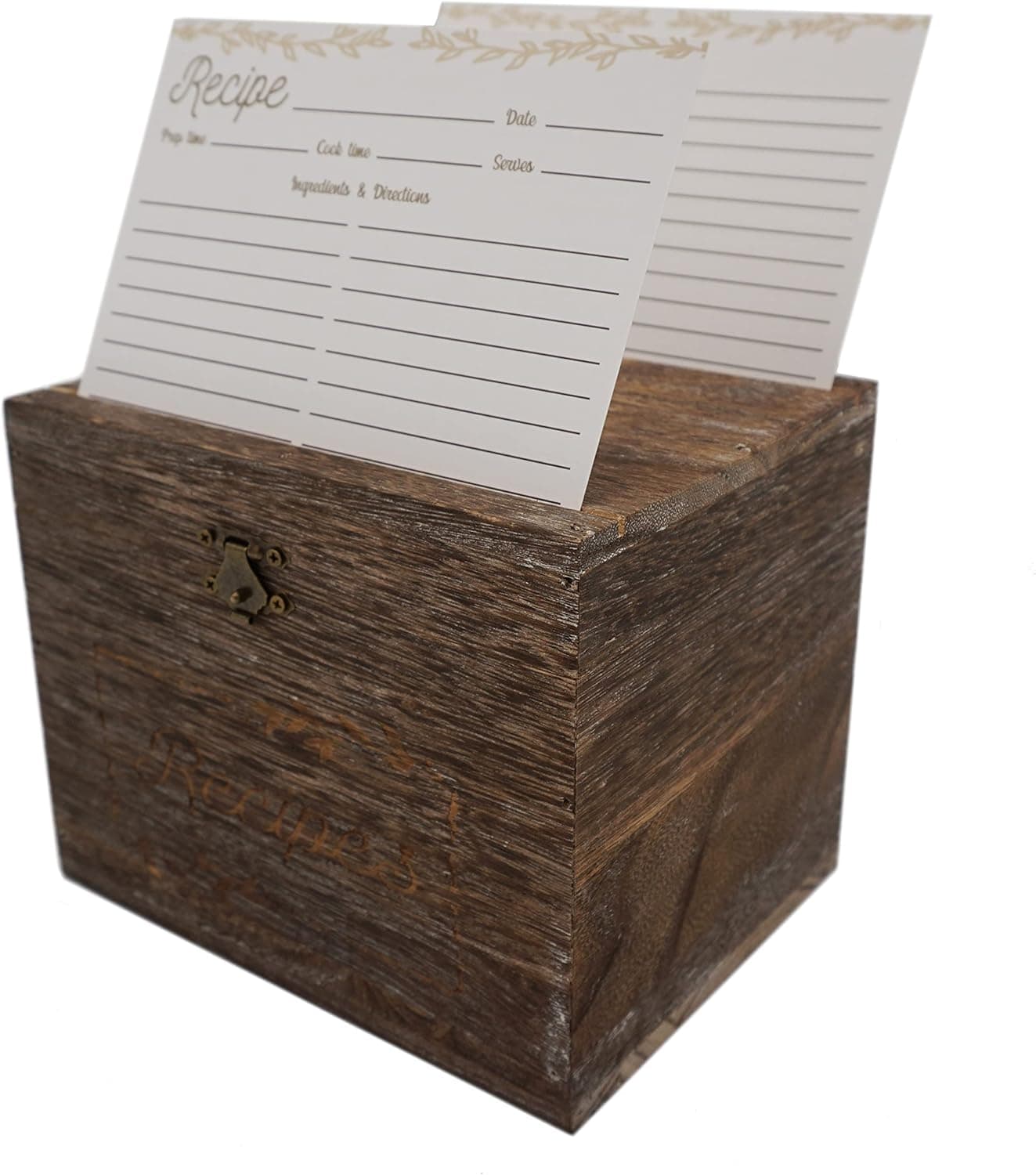 Table Matters Farmhouse Recipe Box with Cards and Dividers with Tabs (4x6 Inches) - Comes with 50 4x6 Recipe Cards and 12 Dividers - Wooden Recipe Box With Dual Slots