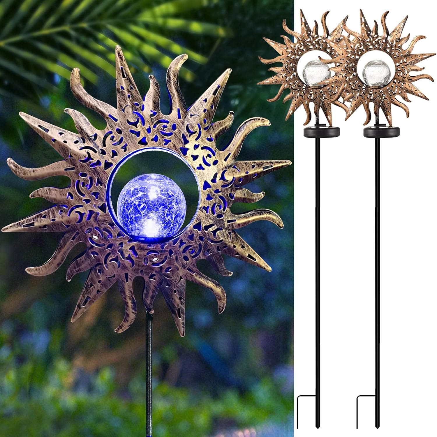 EOYIZW 2 Pack Purple Solar Lights Outdoor, Metal Sun Solar Garden Lights Waterproof Garden Decorative for Lights Pathway, Lawn, Patio, Yard