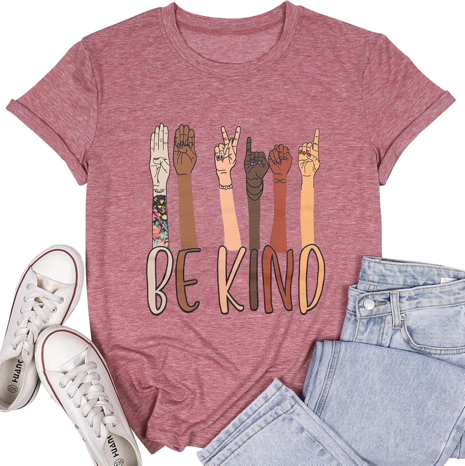 KIDDAD Be Kind Sign Language Shirt Women Inspirational Graphic Teacher Tees Casual Short Sleeve Loose Tops