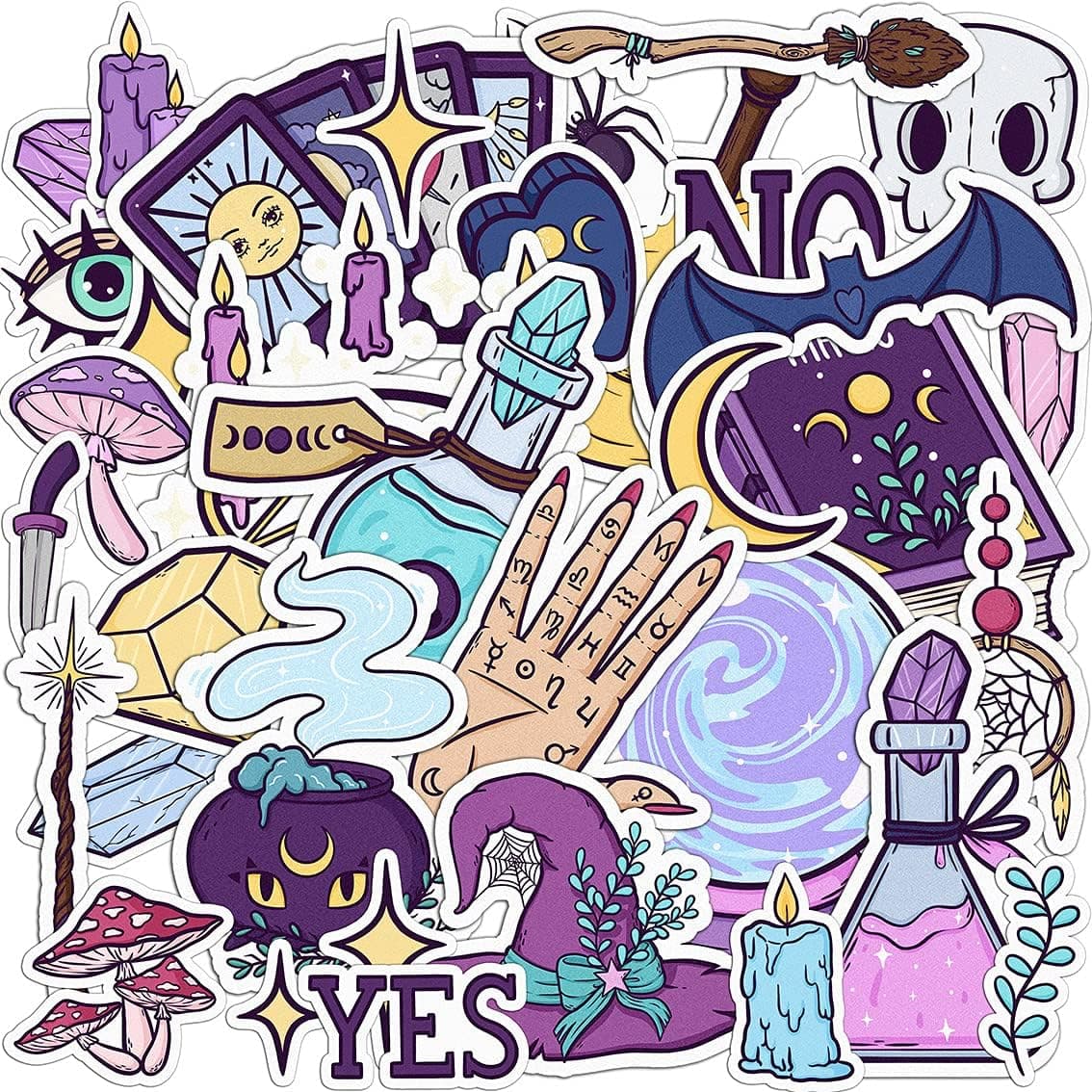 Toik Mertak - 34 PCS Sticker Pack for Laptop Ouija Set Planner Water Bottle Witchcraft Phone Vinyl Stationery Spellbook Notebook Magic Decals Tarot Spooky Scrapbooking Waterproof, Wizard Tools
