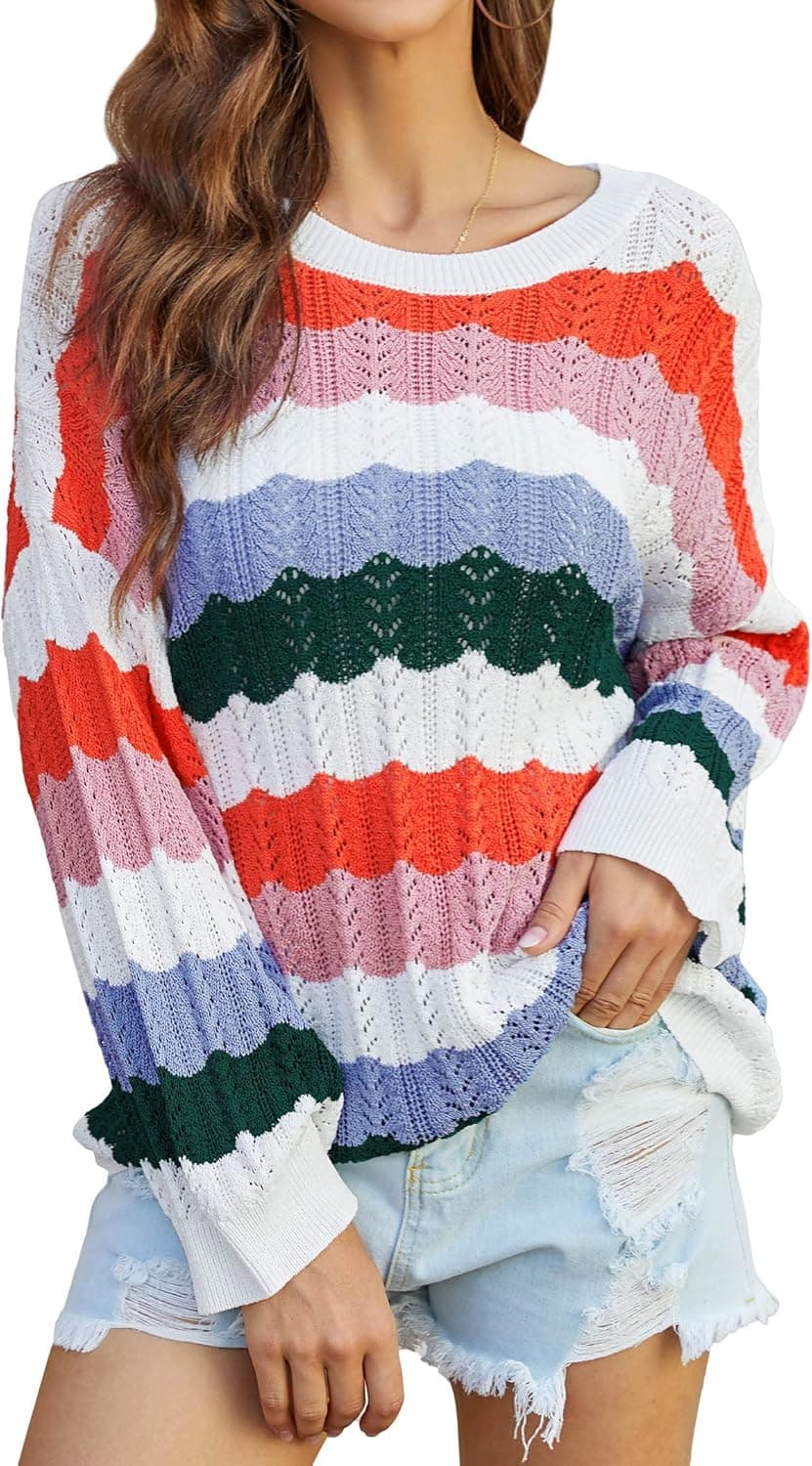 MISSKY Womens Off Shoulder Long Sleeve Sweater Color Block Wave Striped Sweaters for Women Knit Jumper Tops