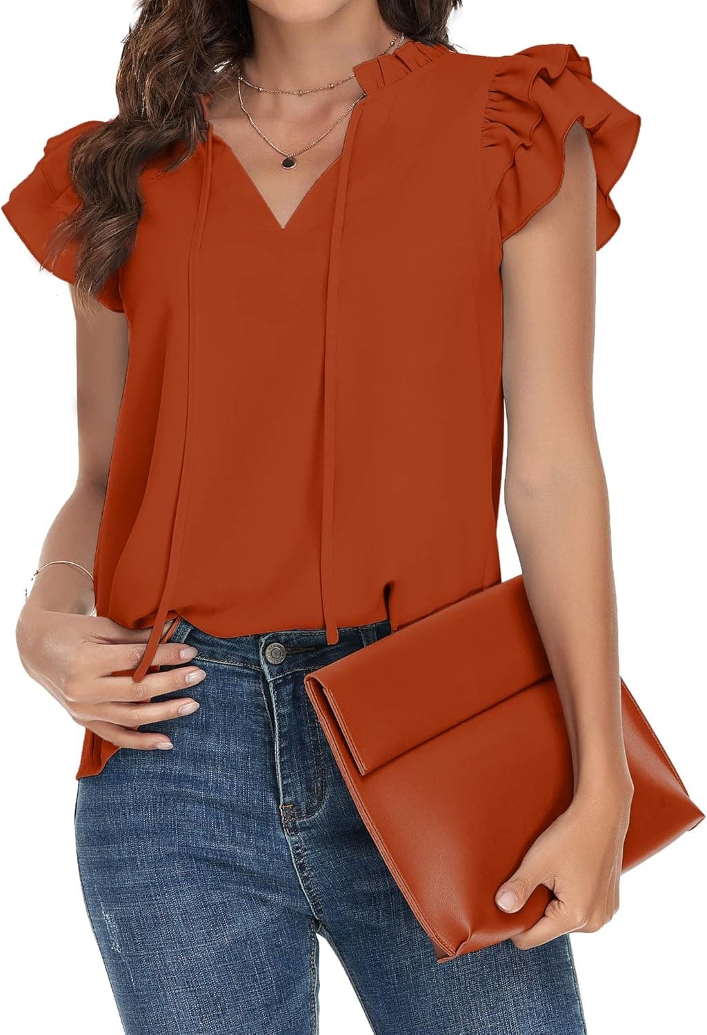GOORY Womens 2023 Summer Casual Ruffle V Neck Tops Short Flutter Sleeve Chiffon Blouses Loose Tunic Business Work Shirts
