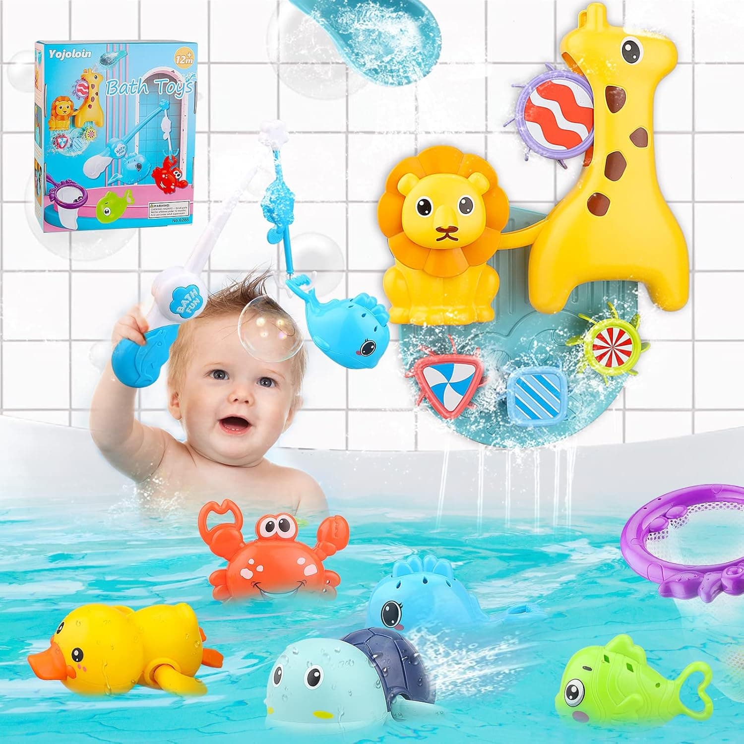 Yojoloin 10 PCS Bath Toys for Toddlers, Bathtub Toys for Boy Girls, Fishing Game Toys Set, Giraffe Bath Toys with Rotating Gear Waterfall, Bath Duck & Turtle Swimming Toy for Toddlers Kids