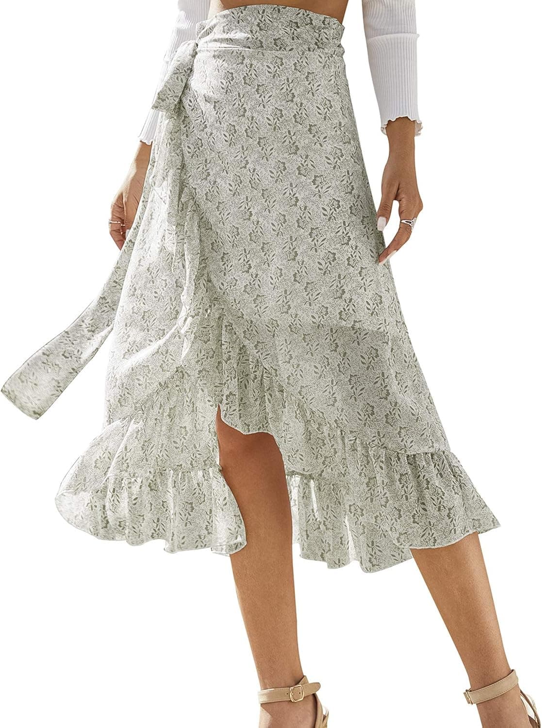 Sollinarry Women's High Waist Boho Floral Print Long Wrap Skirt Tie Side Split Ruffle Maxi Skirt